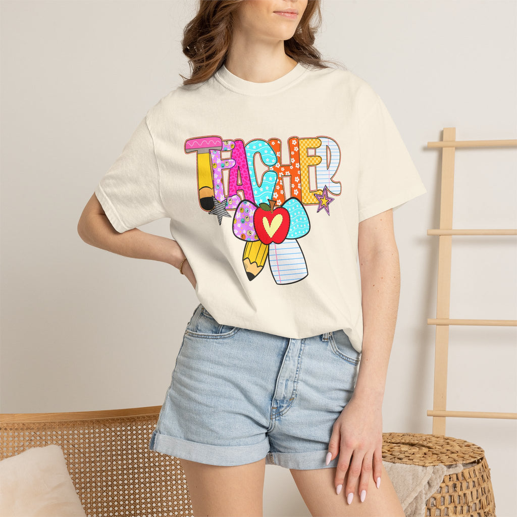 Teacher Doodle Graphic T‑Shirt — Colorful Pencil & Apple School Design