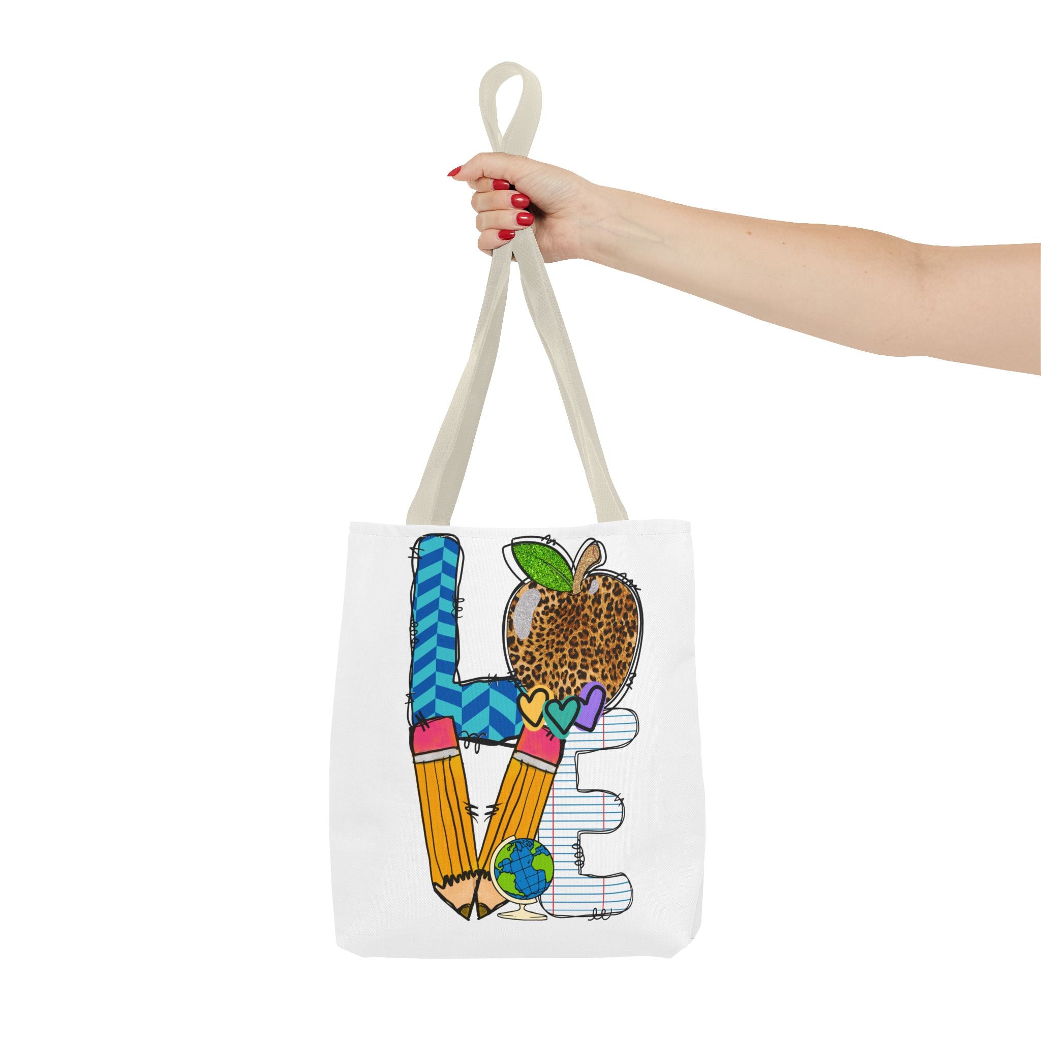 Love Teacher Tote Bag — Colorful School Apple & Pencil AOP Tote