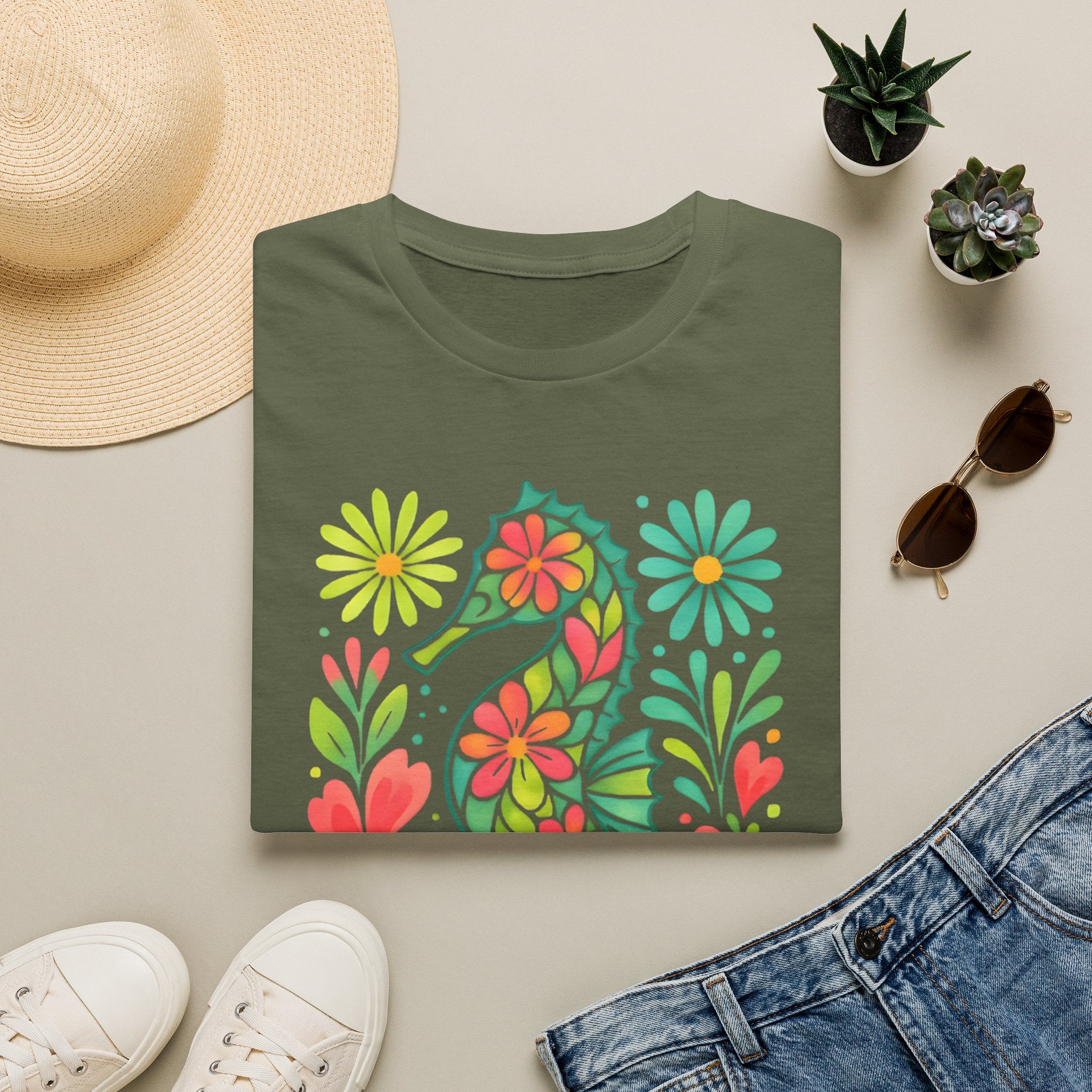 Floral Seahorse T-Shirt — Colorful Tropical Sea Life Tee