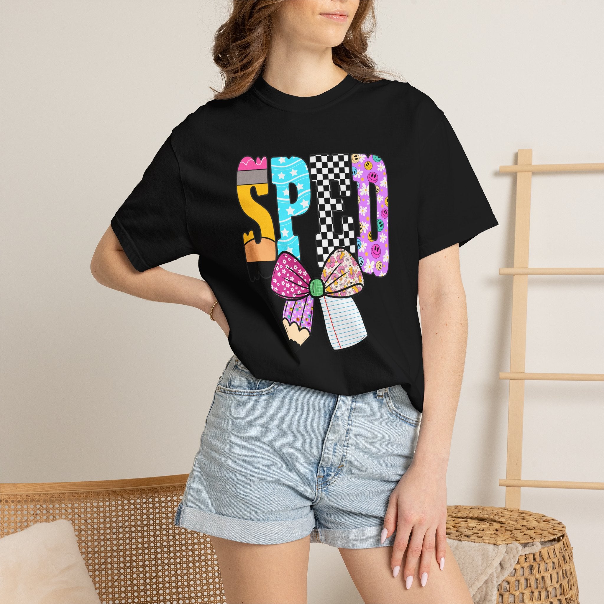 Spring Pencil Bow T-Shirt — Cute Colorful 'SPRING' Graphic Tee