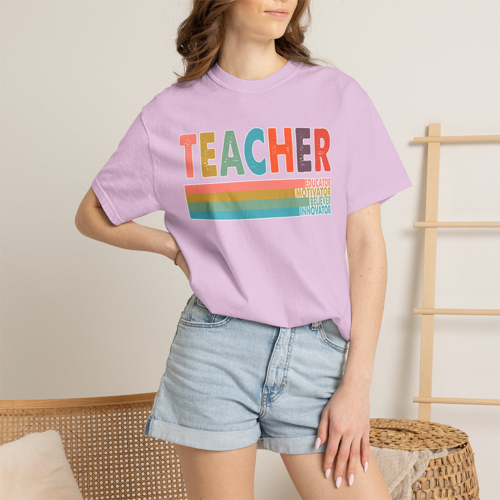 Teacher Rainbow Stripes T-Shirt — Retro Colorful Educator Tee