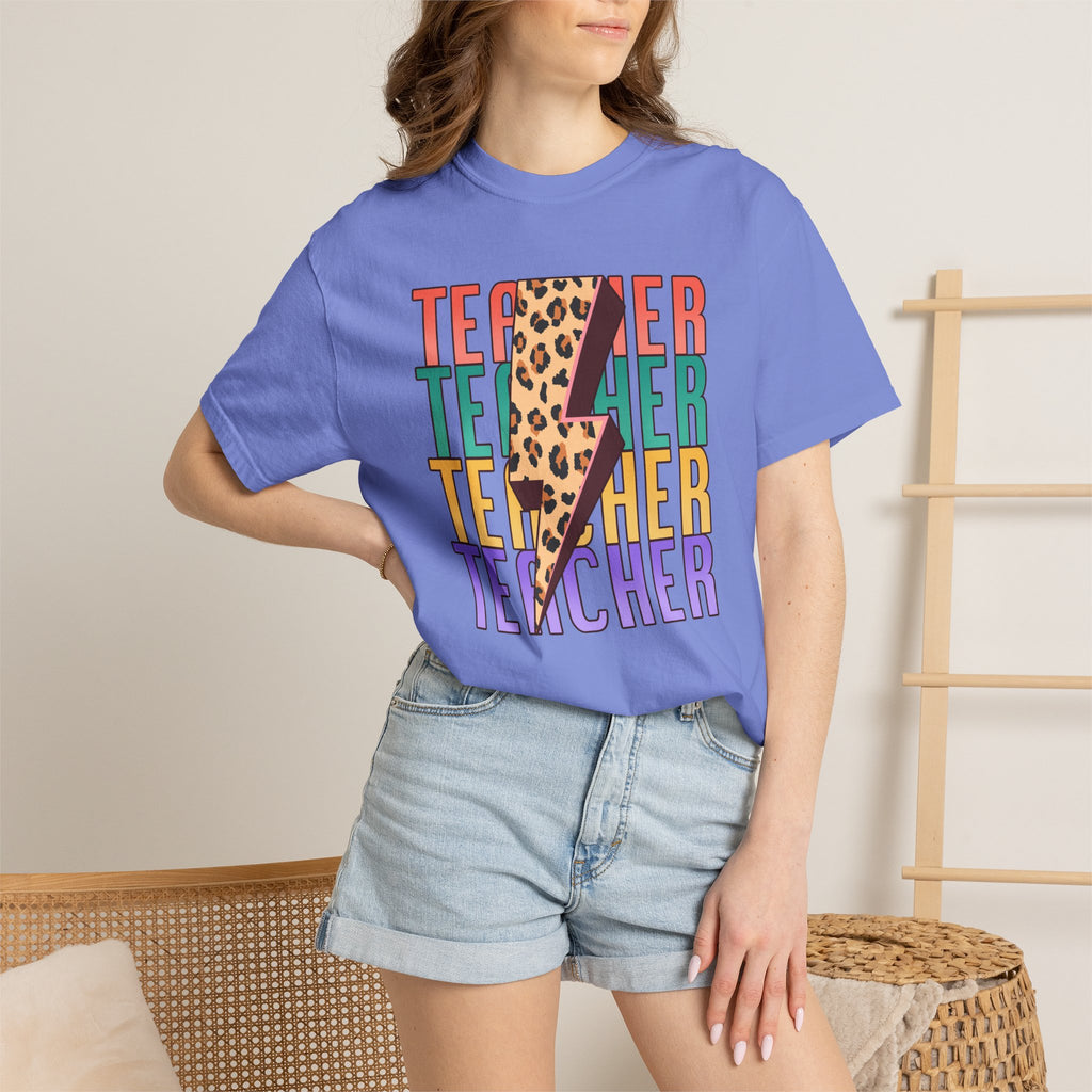 Teacher Lightning Bolt Leopard Print T‑Shirt — Colorful Retro Teacher Tee