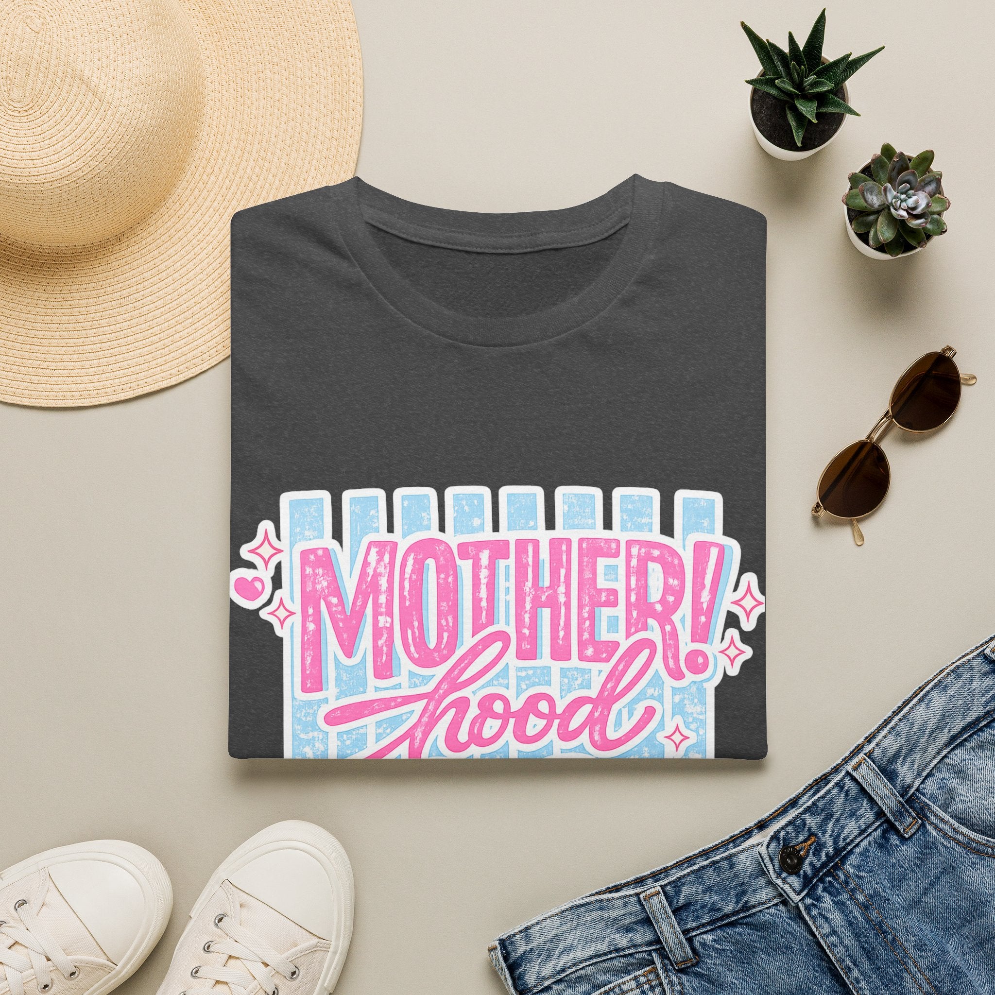 Motherhood Retro Tee — "Mother!hood" Pink & Blue Graphic T-Shirt for New Moms