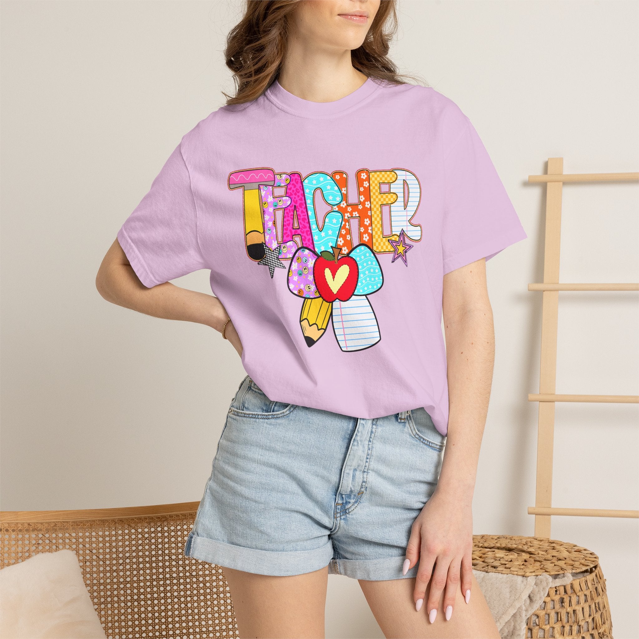 Teacher Doodle Graphic T‑Shirt — Colorful Pencil & Apple School Design