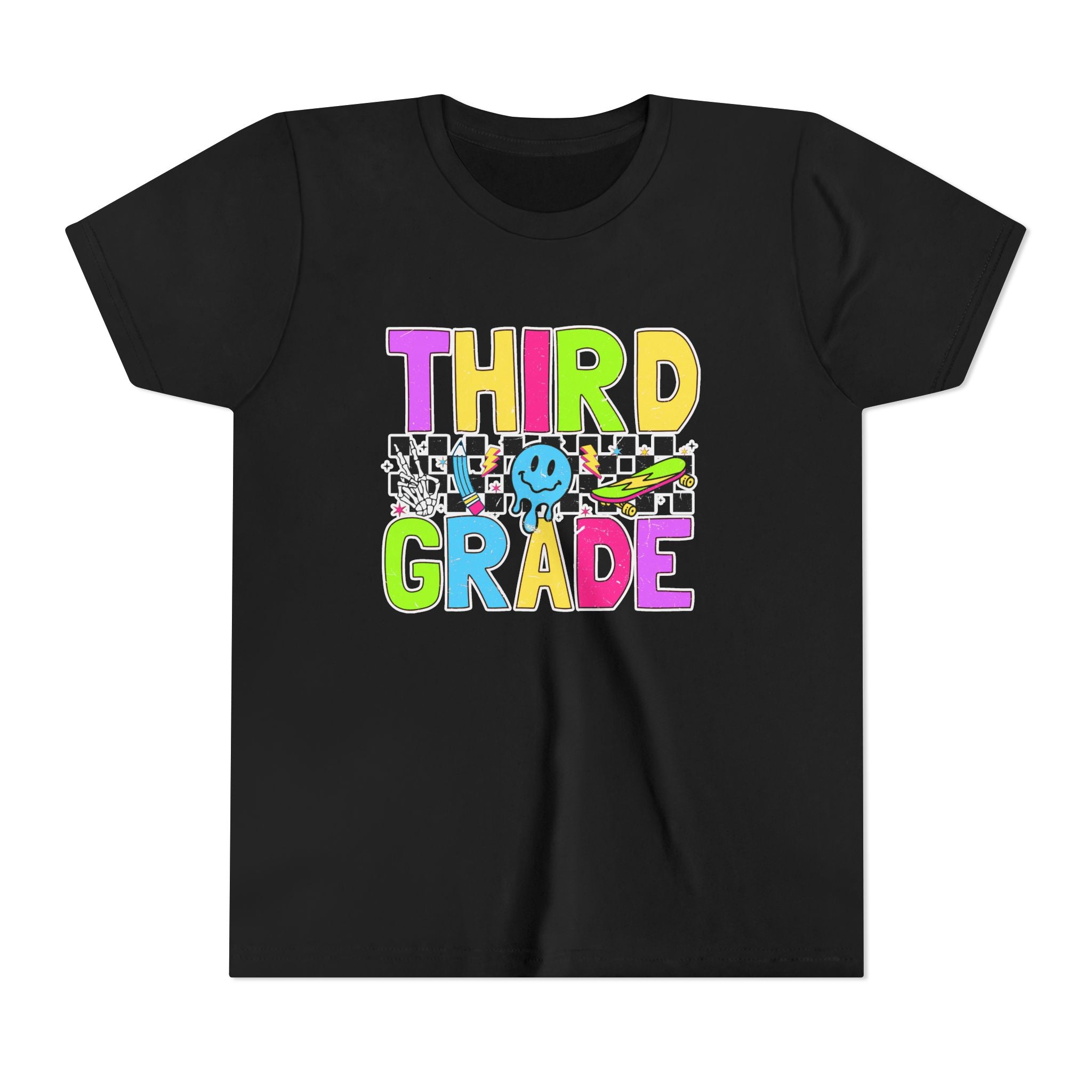 Third Grade Youth T‑Shirt — Colorful Checkerboard Smileback School Tee