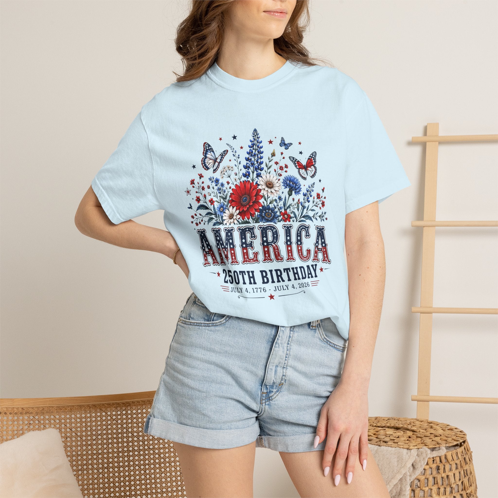 America 250th Birthday T-Shirt — Patriotic Floral July 4th Tee