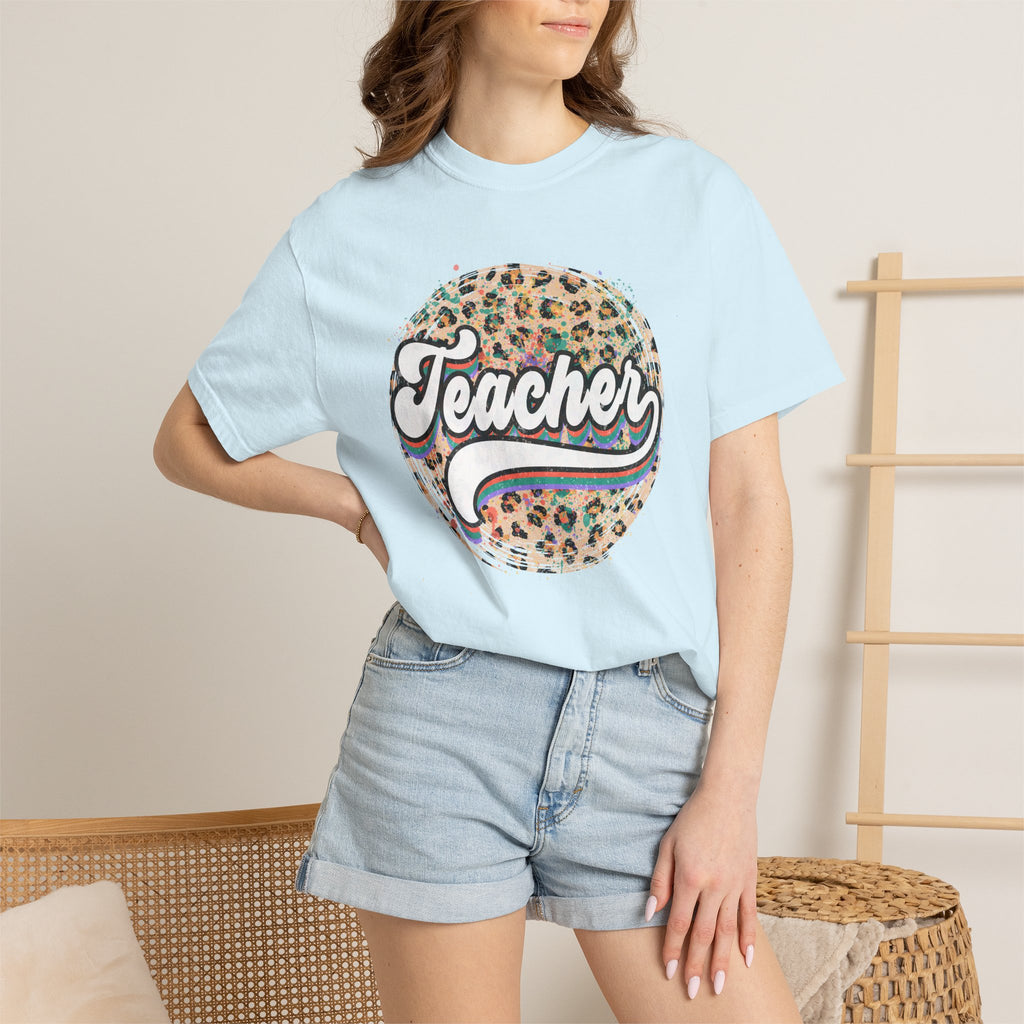 Teacher Leopard Circle T-Shirt — Retro Rainbow Script Tee for Educators