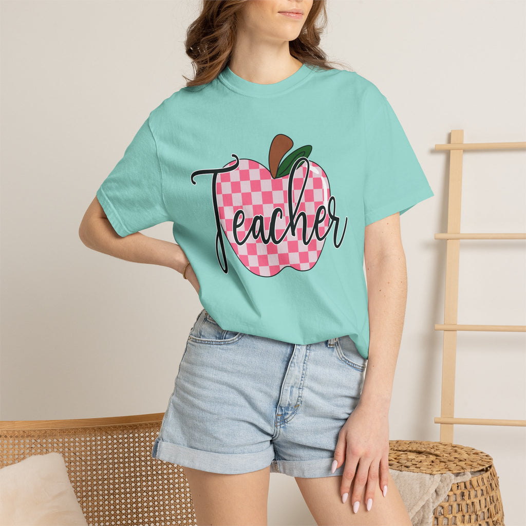 Teacher Apple T-Shirt — Pink Checkered Apple Teacher Tee