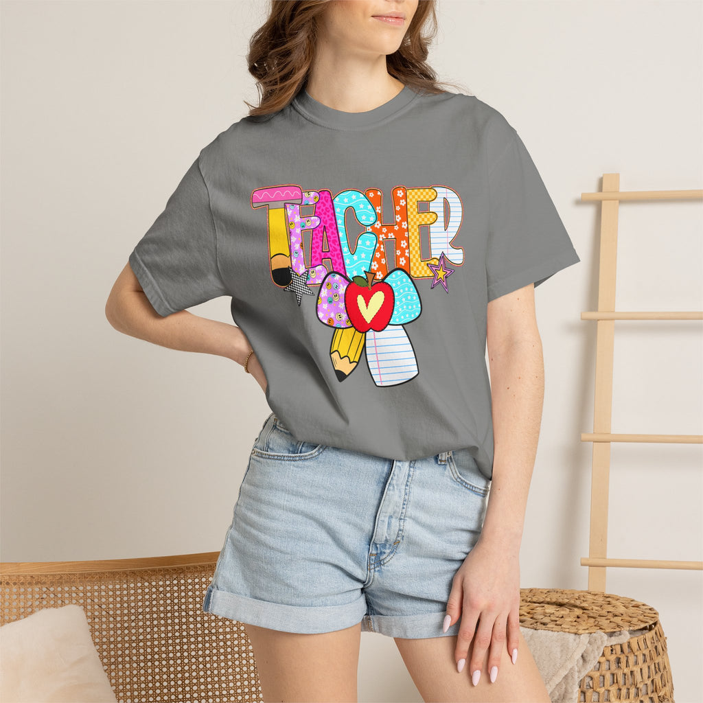 Teacher Doodle Graphic T‑Shirt — Colorful Pencil & Apple School Design