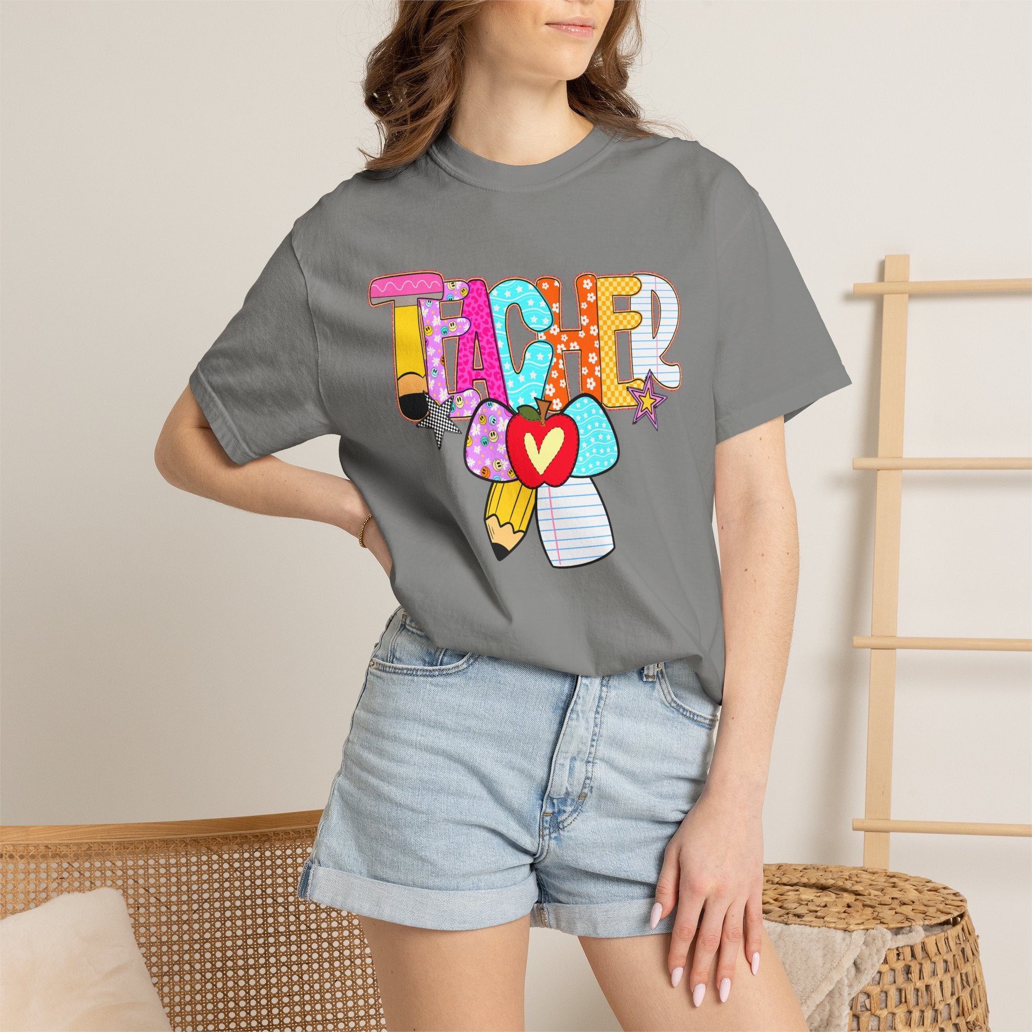 Teacher Doodle Graphic T‑Shirt — Colorful Pencil & Apple School Design