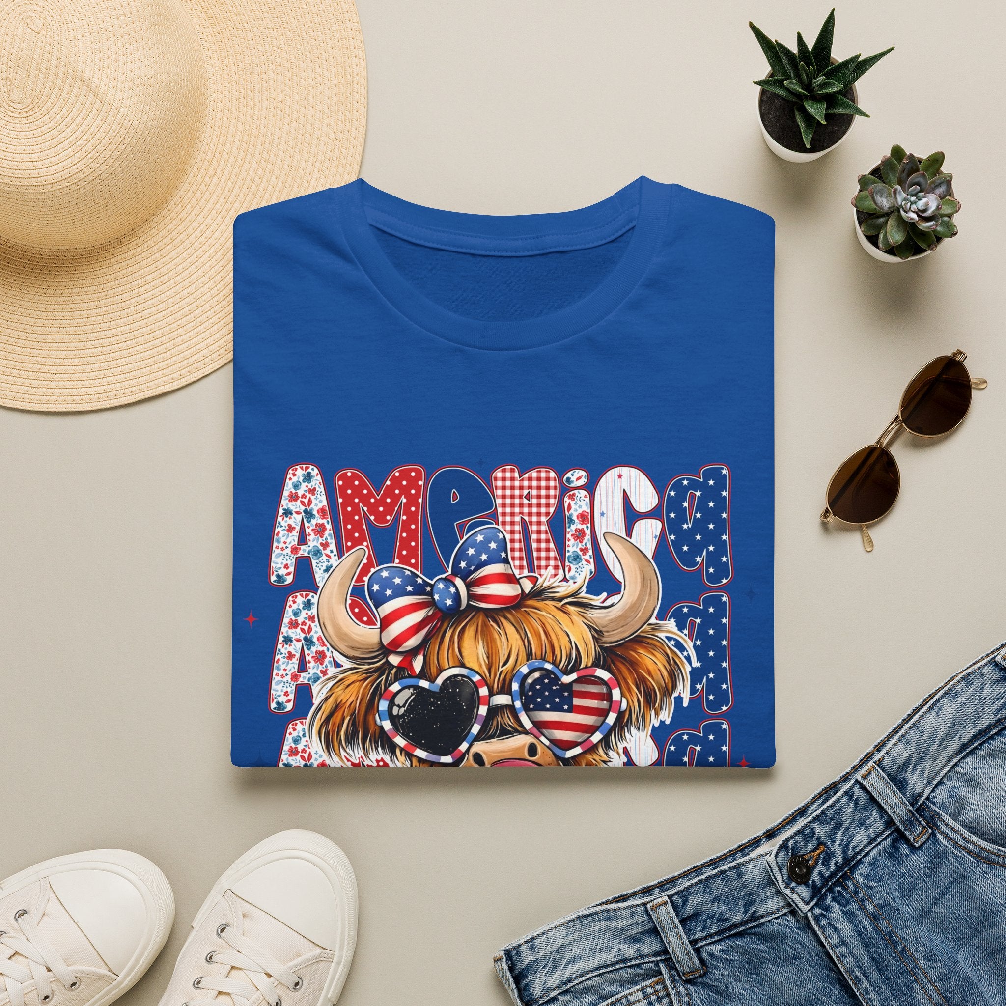 Patriotic Highland Cow T-Shirt — 'Land of the Free' 4th of July Tee