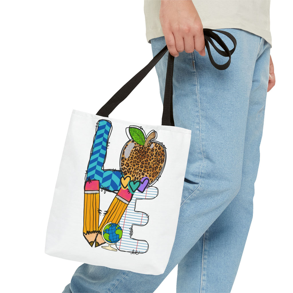 Love Teacher Tote Bag — Colorful School Apple & Pencil AOP Tote