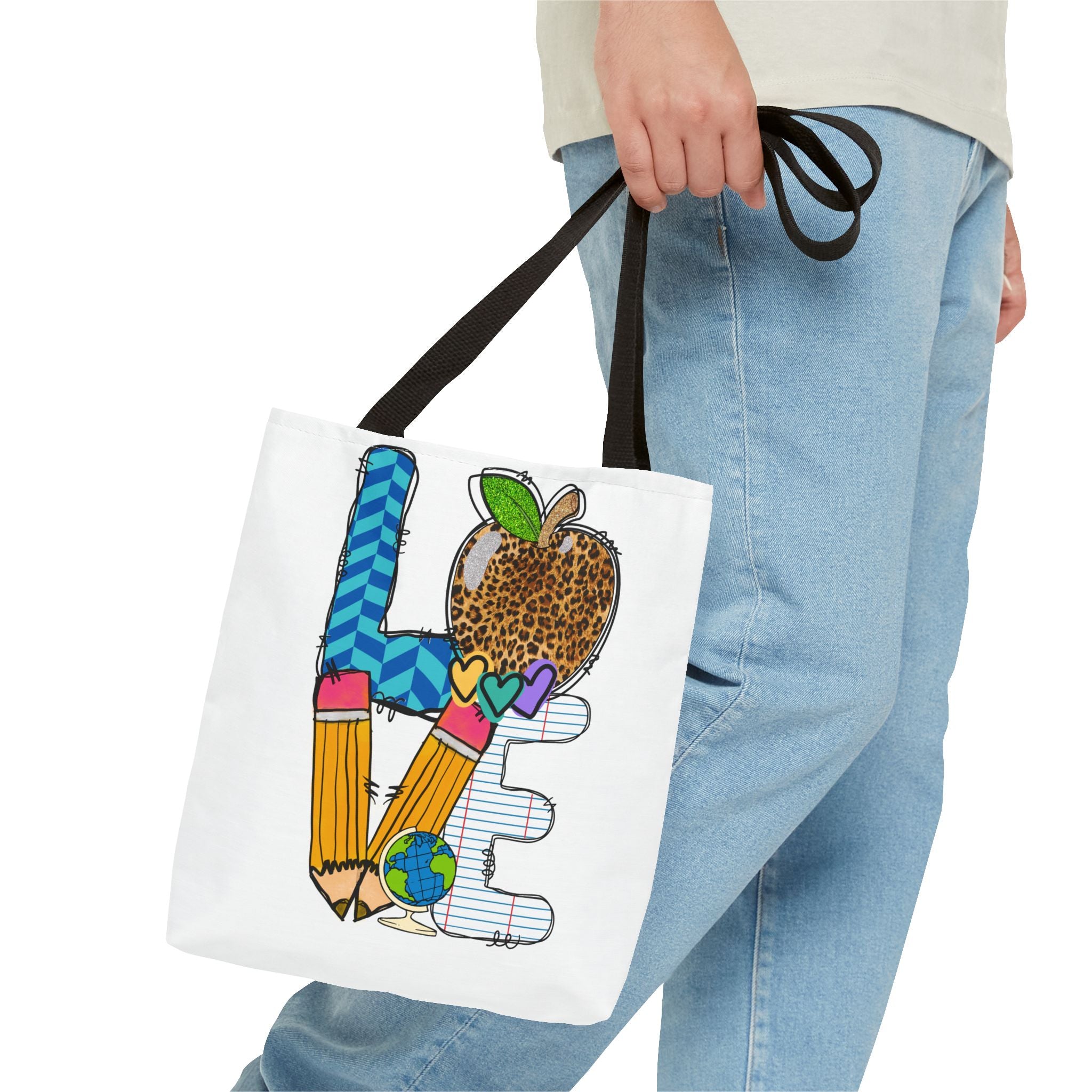 Love Teacher Tote Bag — Colorful School Apple & Pencil AOP Tote