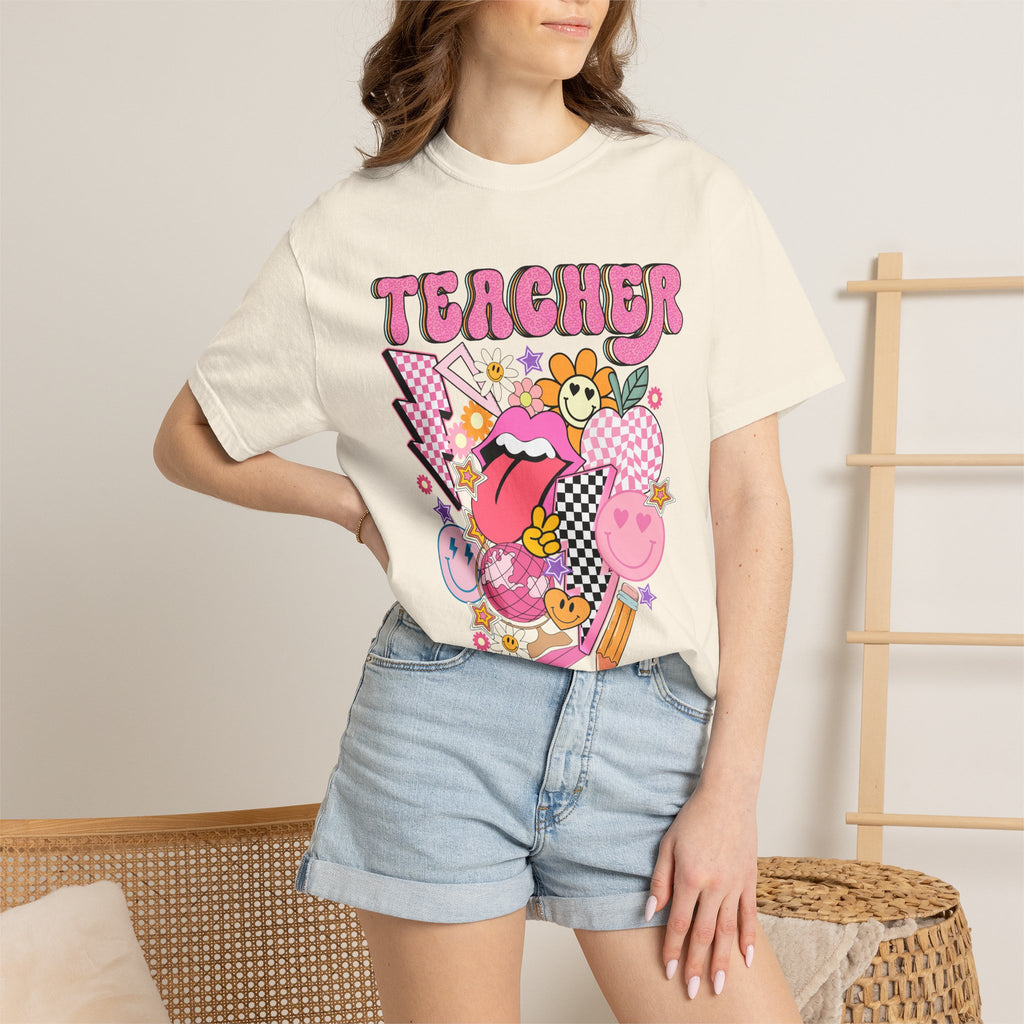 Teacher Retro Pop Graphic T‑Shirt — Cute Pink School Staff Shirt