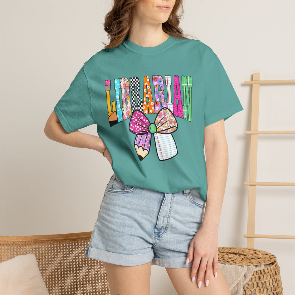 Librarian Graphic T‑Shirt — Colorful Bookish Bow Design
