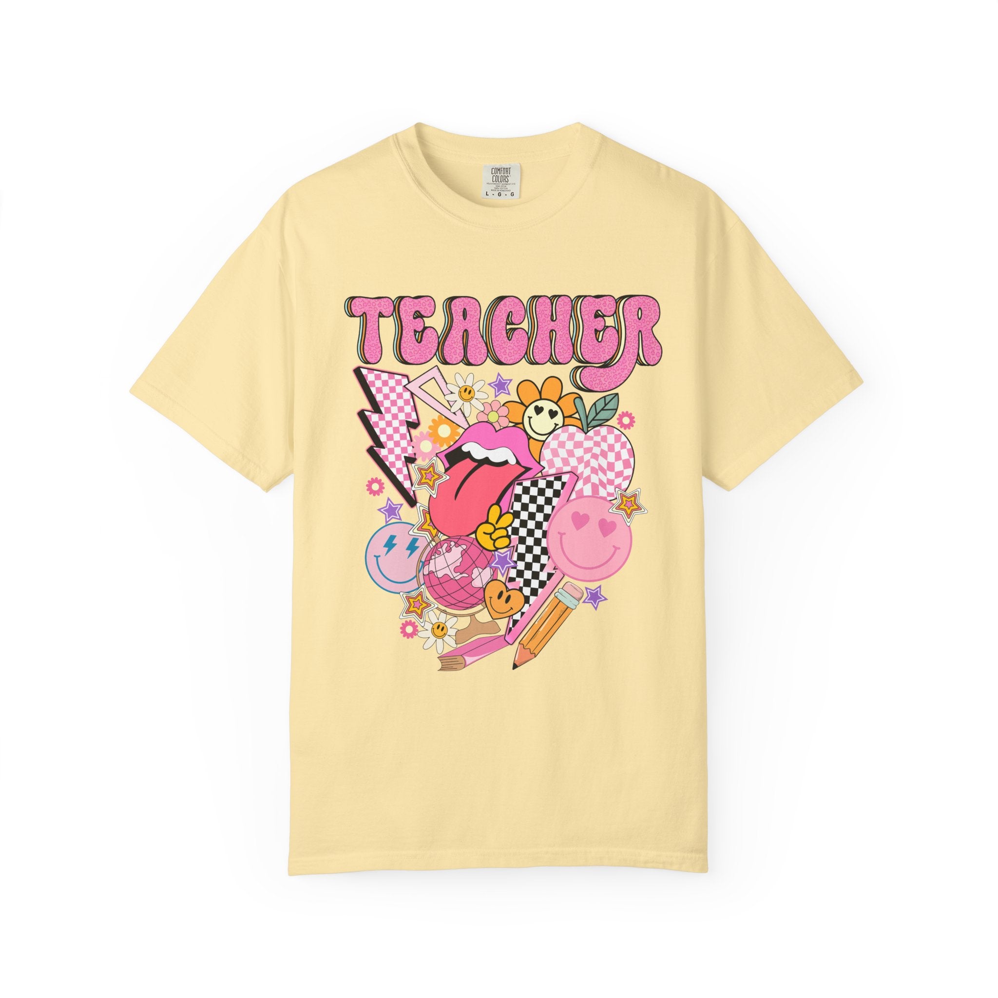 Teacher Retro Pop Graphic T‑Shirt — Cute Pink School Staff Shirt