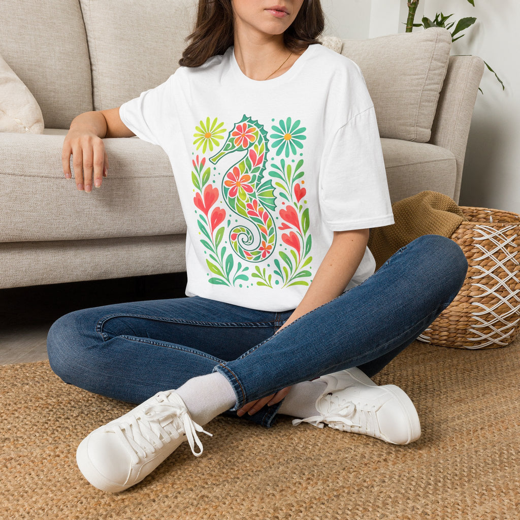 Floral Seahorse T-Shirt — Colorful Tropical Sea Life Tee