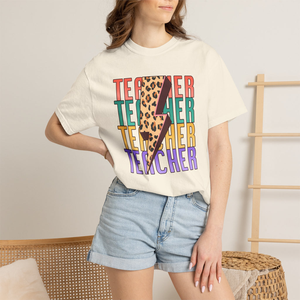 Teacher Lightning Bolt Leopard Print T‑Shirt — Colorful Retro Teacher Tee