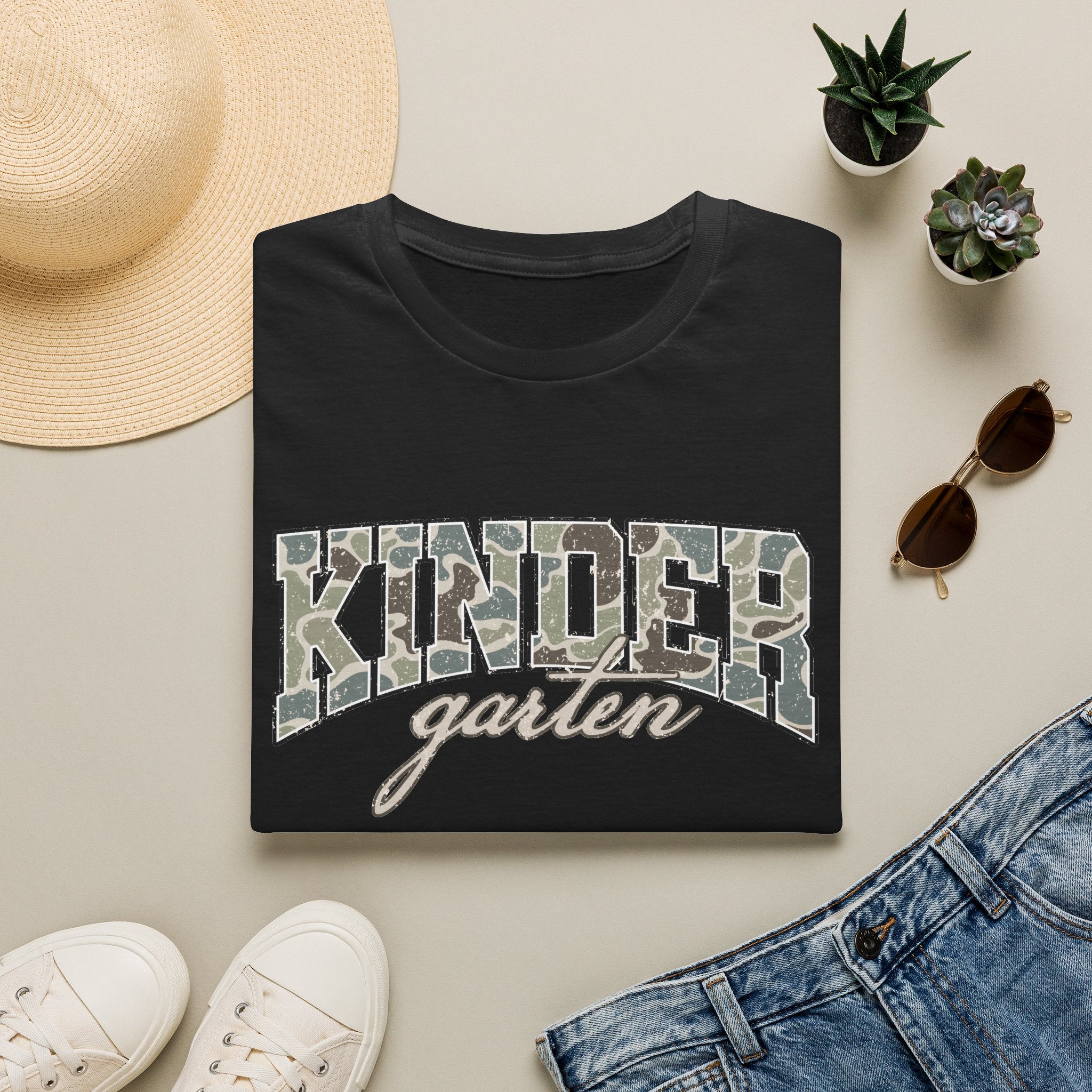 Kindergarten Camo T-Shirt — 'Kindergarten' Script & Camo Block Design