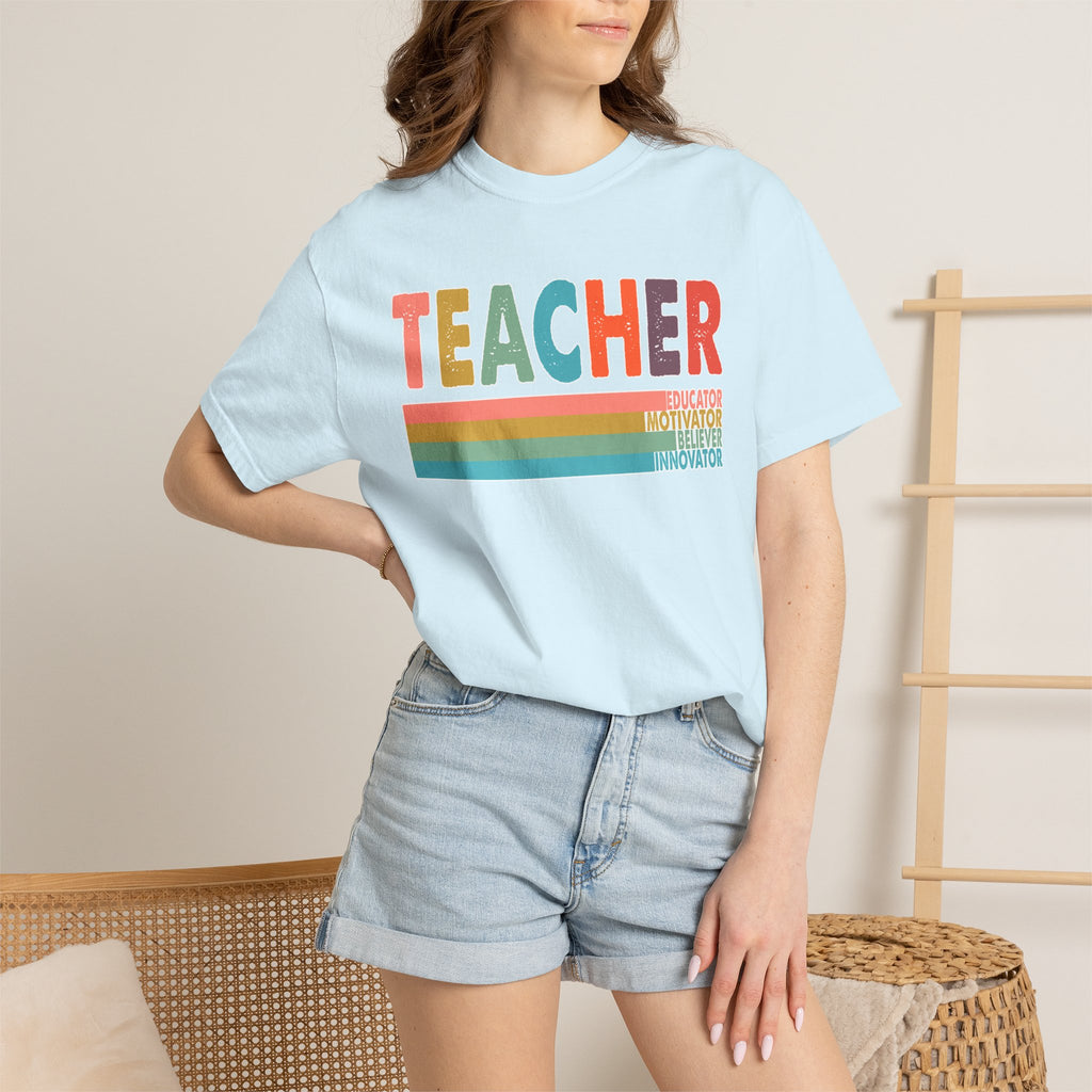 Teacher Rainbow Stripes T-Shirt — Retro Colorful Educator Tee