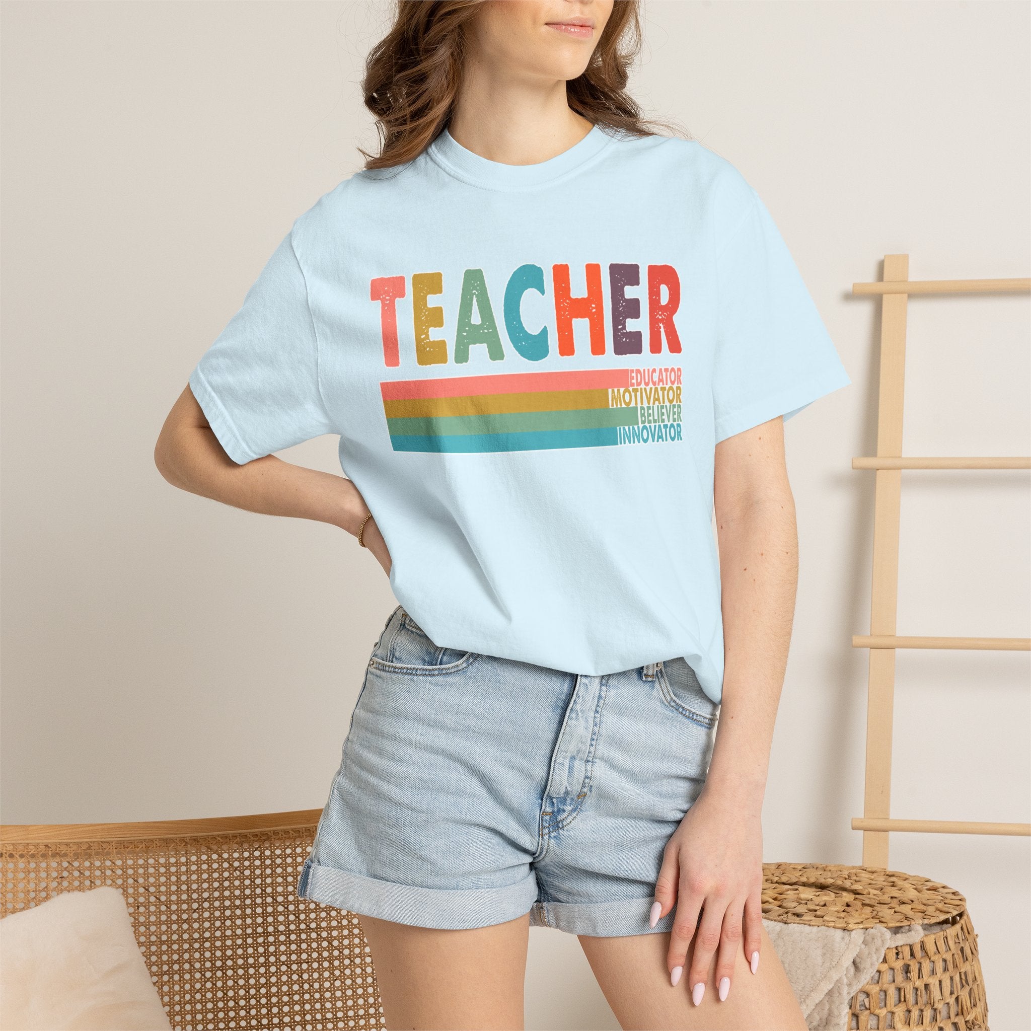 Teacher Rainbow Stripes T-Shirt — Retro Colorful Educator Tee