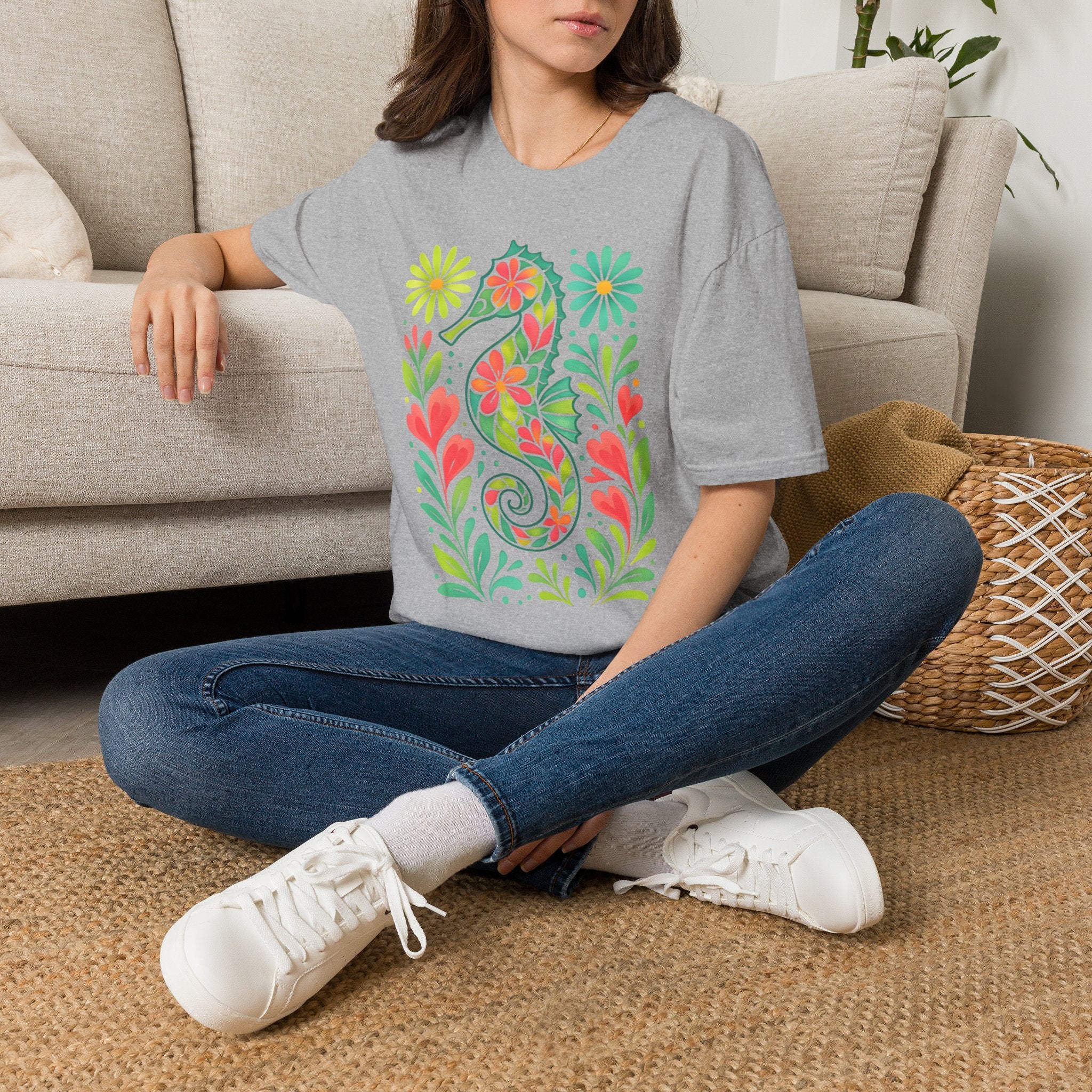 Floral Seahorse T-Shirt — Colorful Tropical Sea Life Tee
