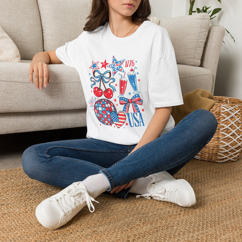 Patriotic 4th of July T-Shirt — USA 1776 Red White Blue Cherry & Soda Design