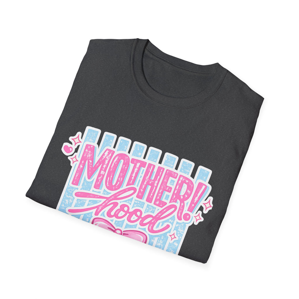 Motherhood Retro Tee — "Mother!hood" Pink & Blue Graphic T-Shirt for New Moms