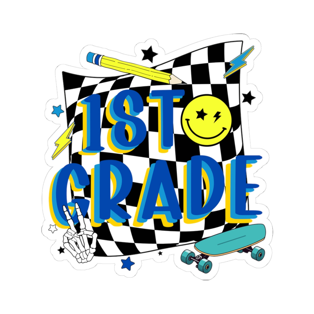 1st Grade Skateboard Smile Sticker — Back-to-School Kiss-Cut Decal