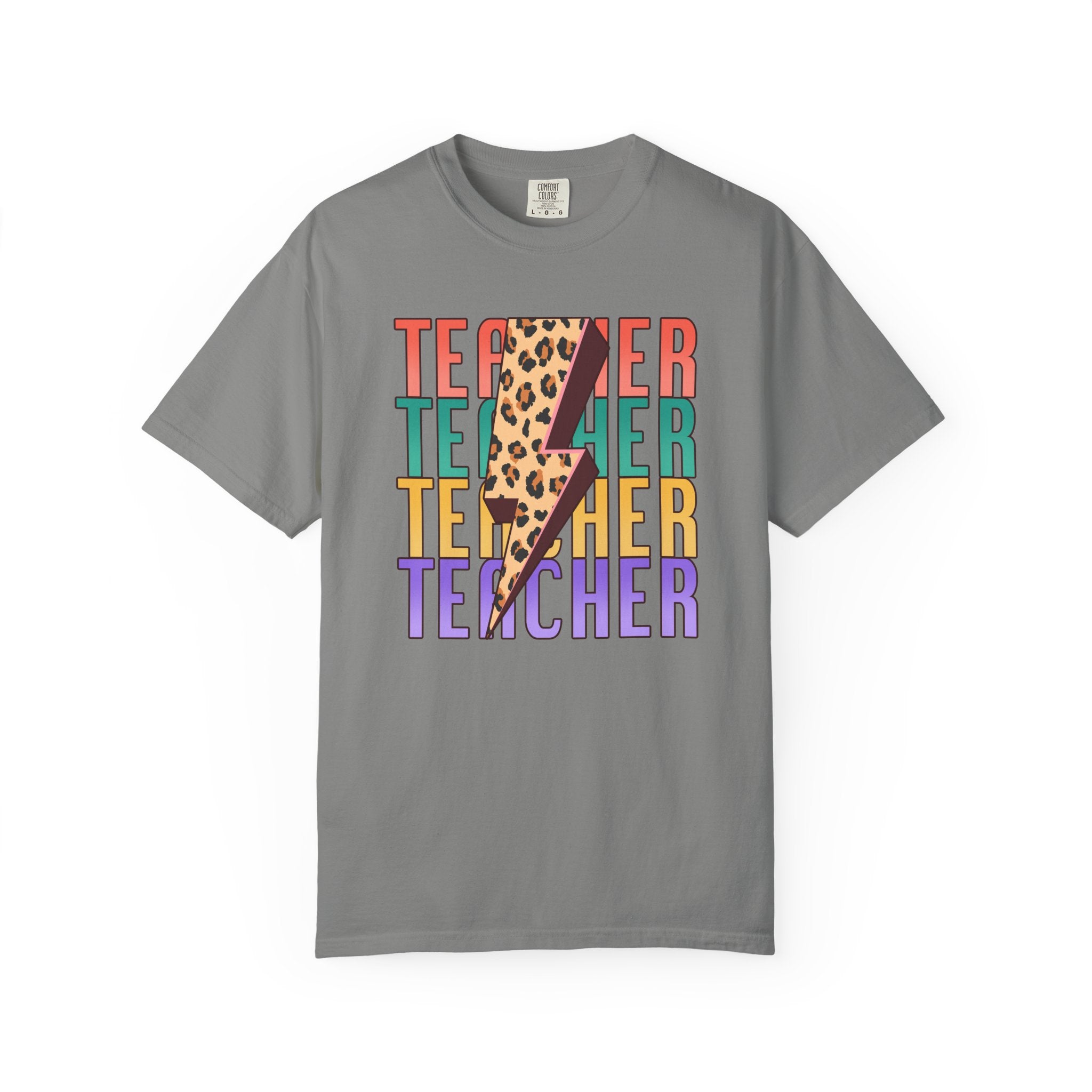 Teacher Lightning Bolt Leopard Print T‑Shirt — Colorful Retro Teacher Tee