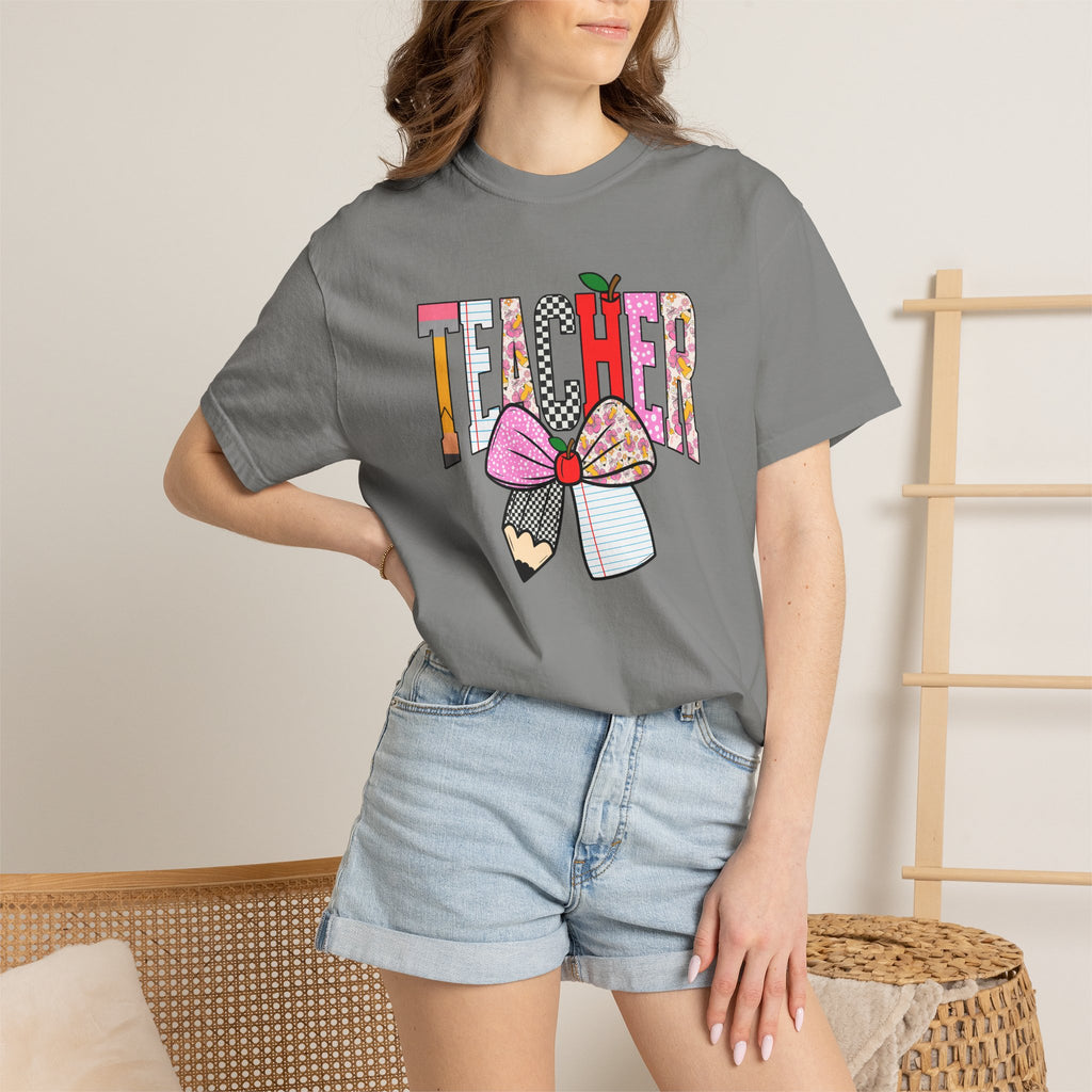Teacher Graphic T-Shirt — Colorful Pencil & Bow Design