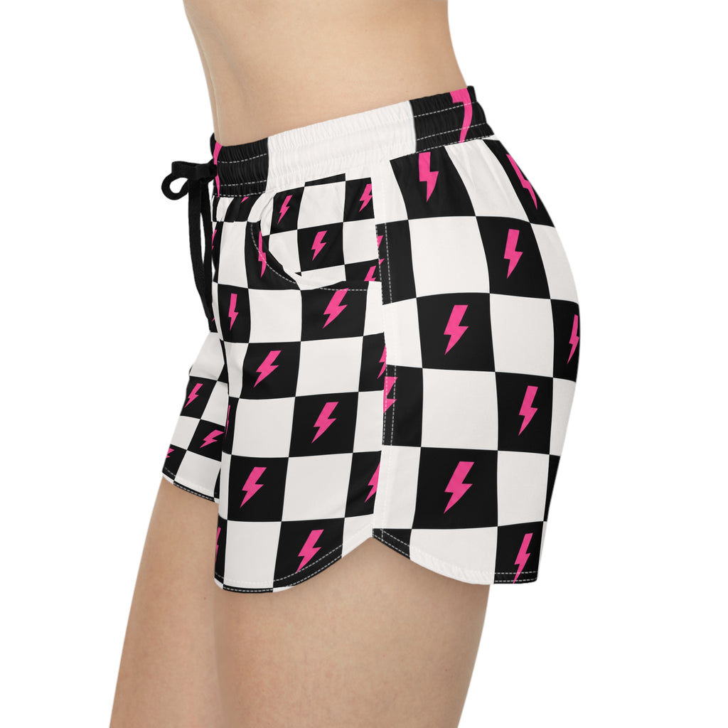 Checkerboard Lightning Bolt Women's Casual Shorts — Black & Pink