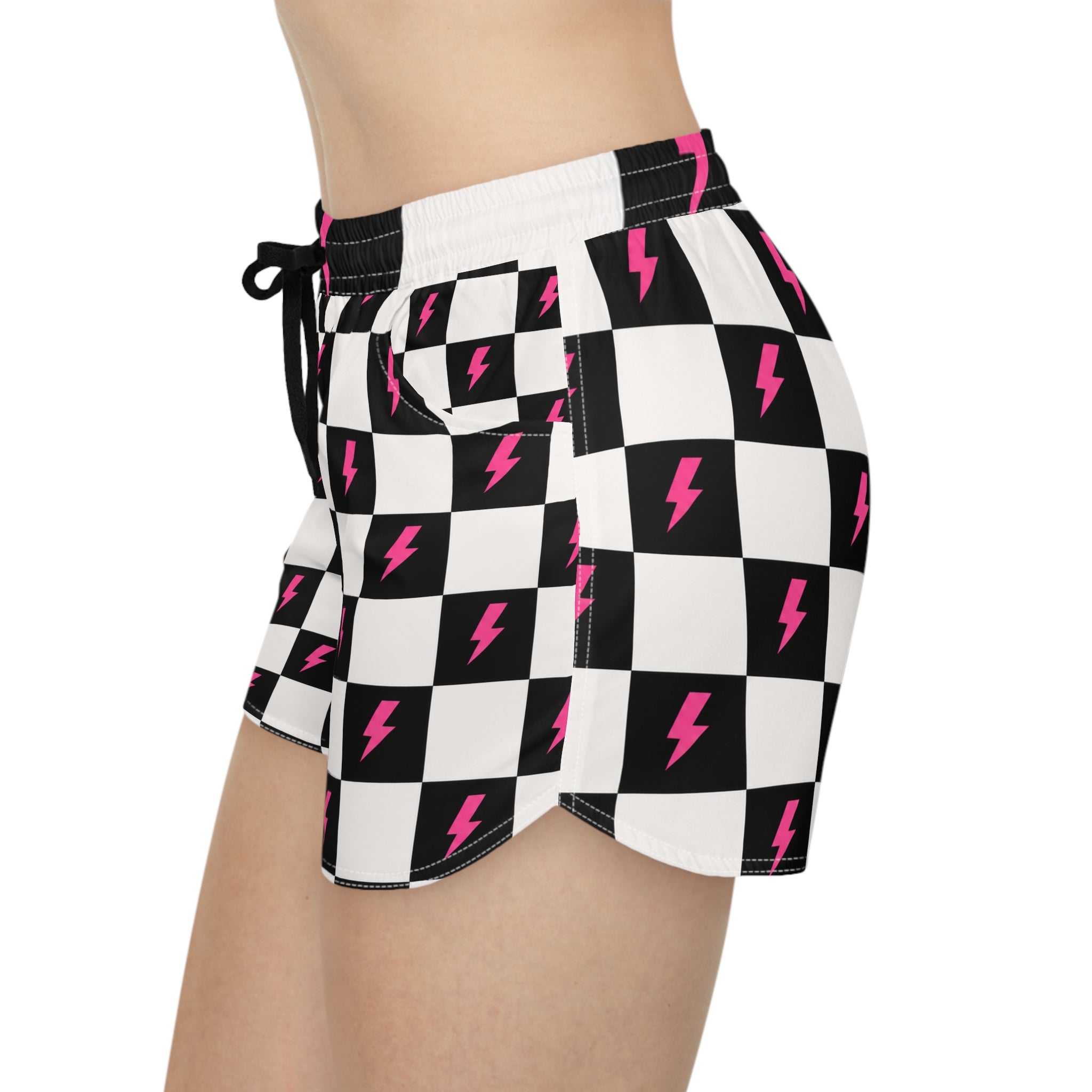 Checkerboard Lightning Bolt Women's Casual Shorts — Black & Pink