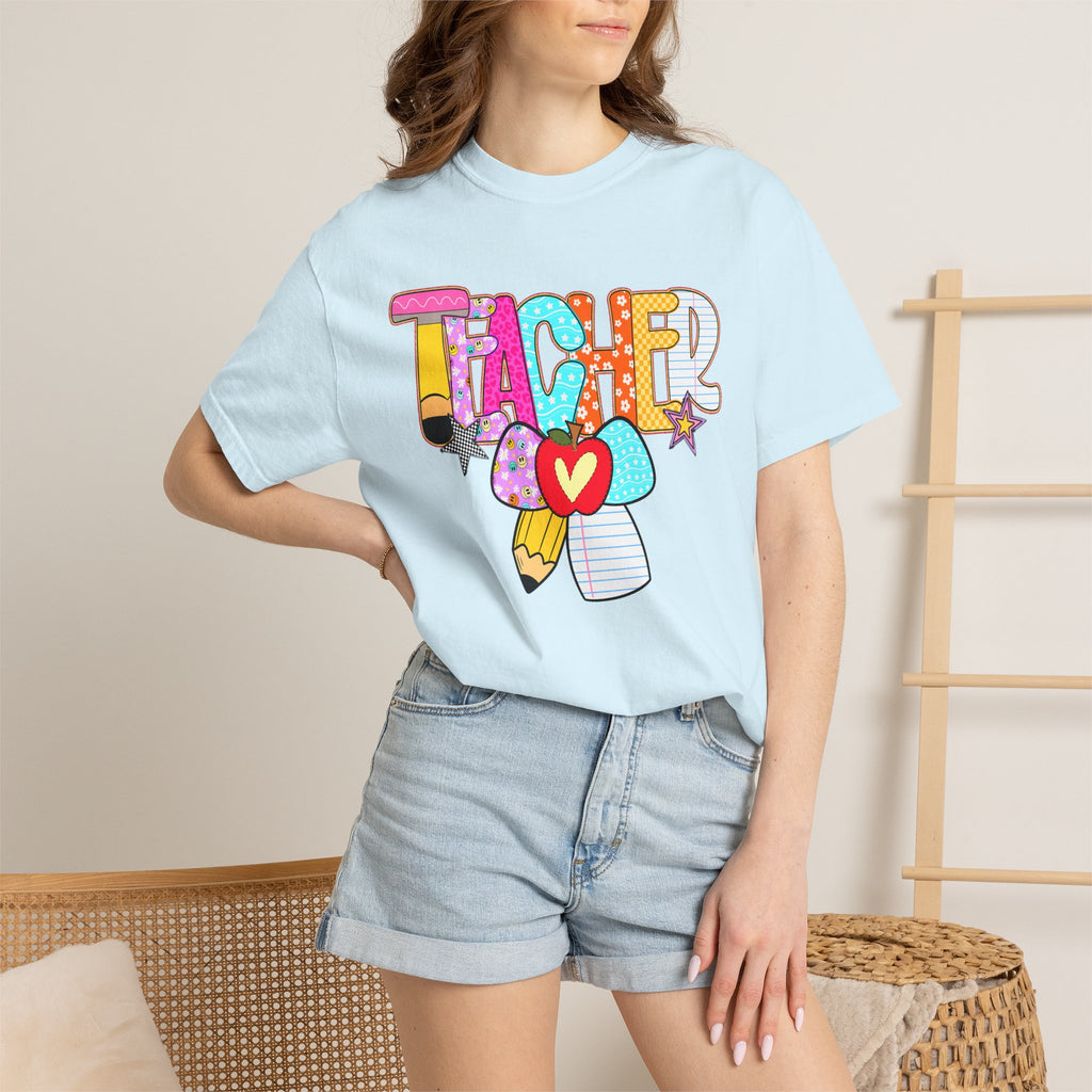 Teacher Doodle Graphic T‑Shirt — Colorful Pencil & Apple School Design