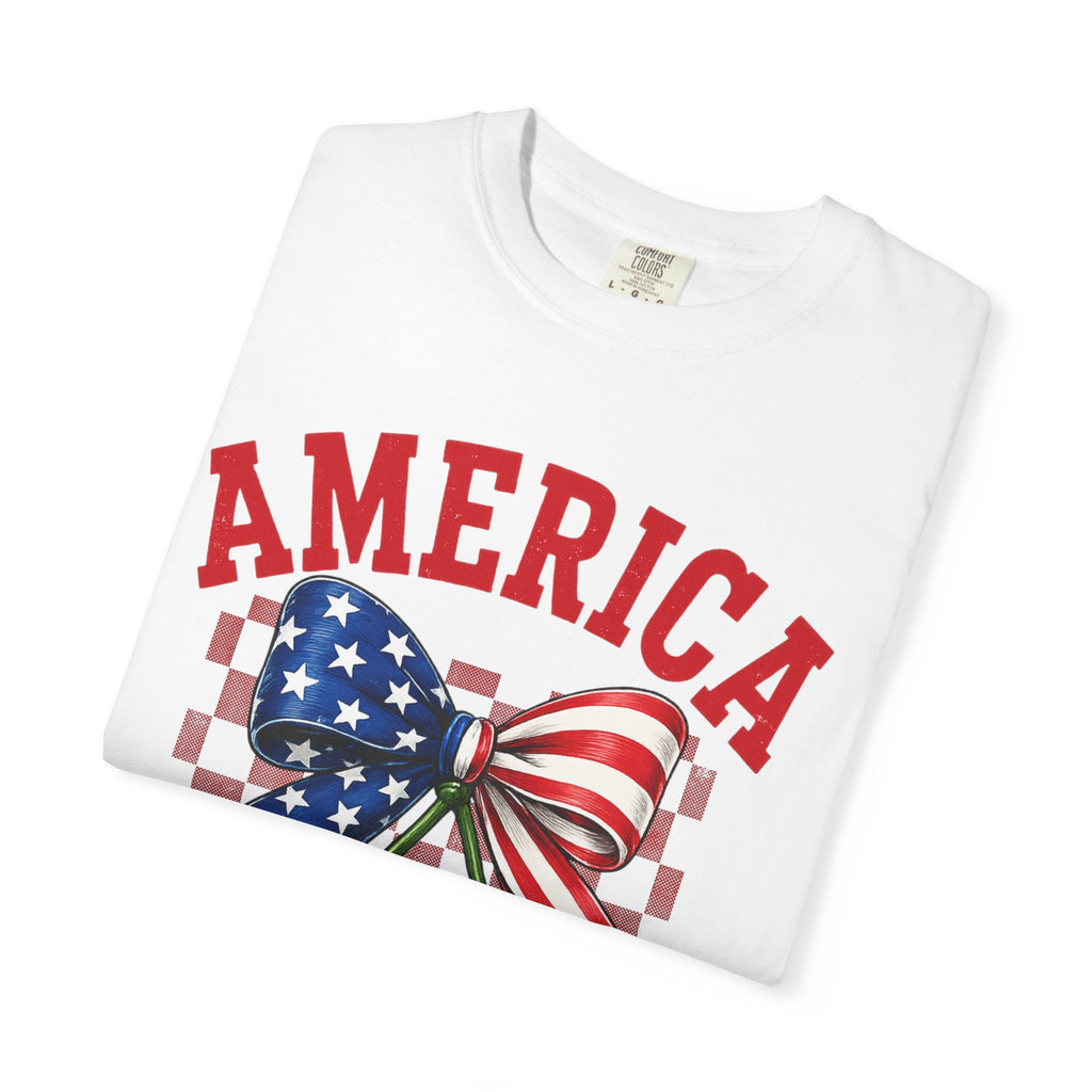America Cherry Graphic T-Shirt — Patriotic Stars & Stripes Bow Tee