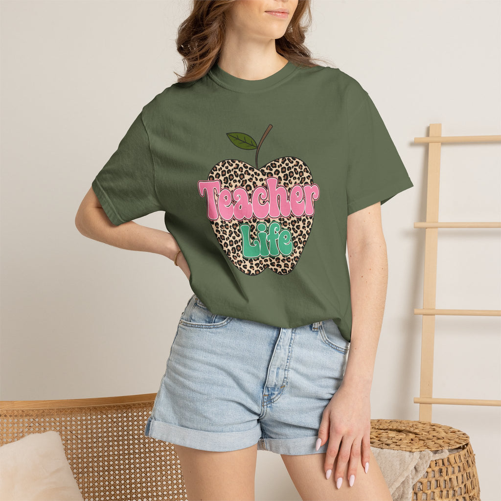 Teacher Life T-Shirt — Leopard Apple Graphic Tee for Educators