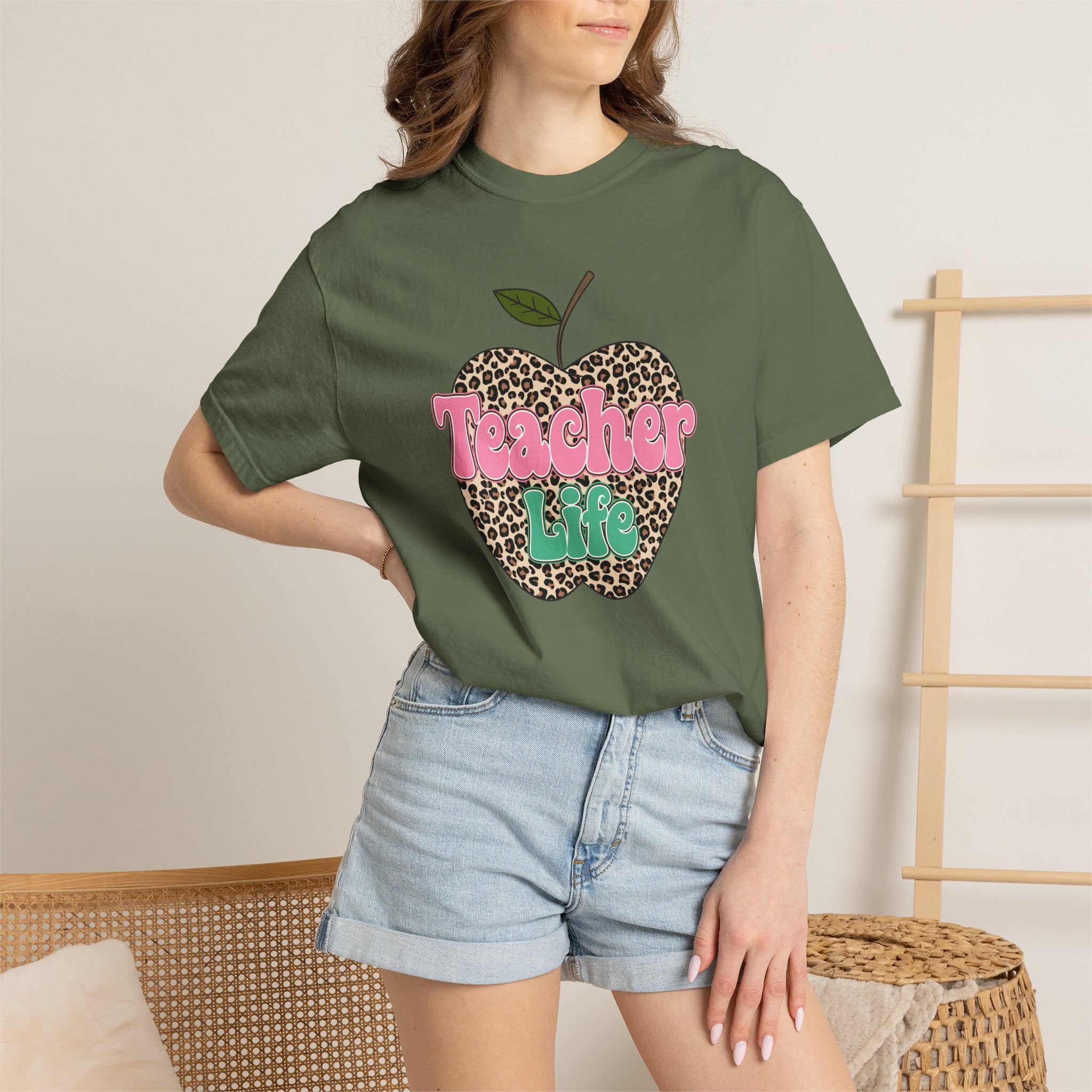 Teacher Life T-Shirt — Leopard Apple Graphic Tee for Educators