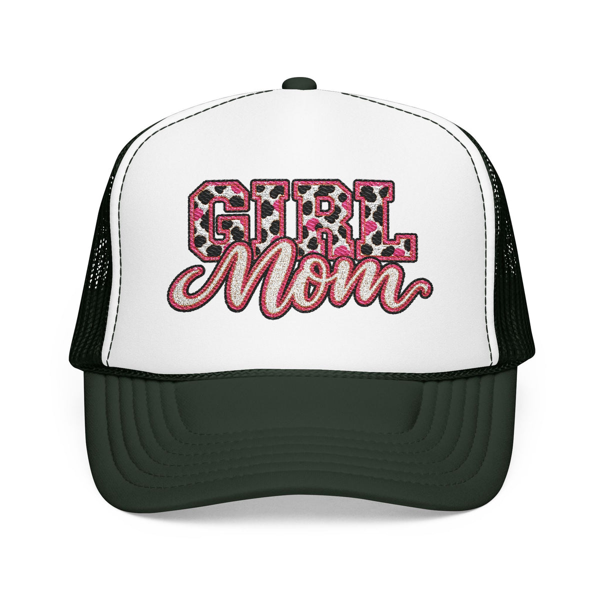 Girl Mom Leopard Foam Trucker Hat — Pink Glitter Script Mesh Cap