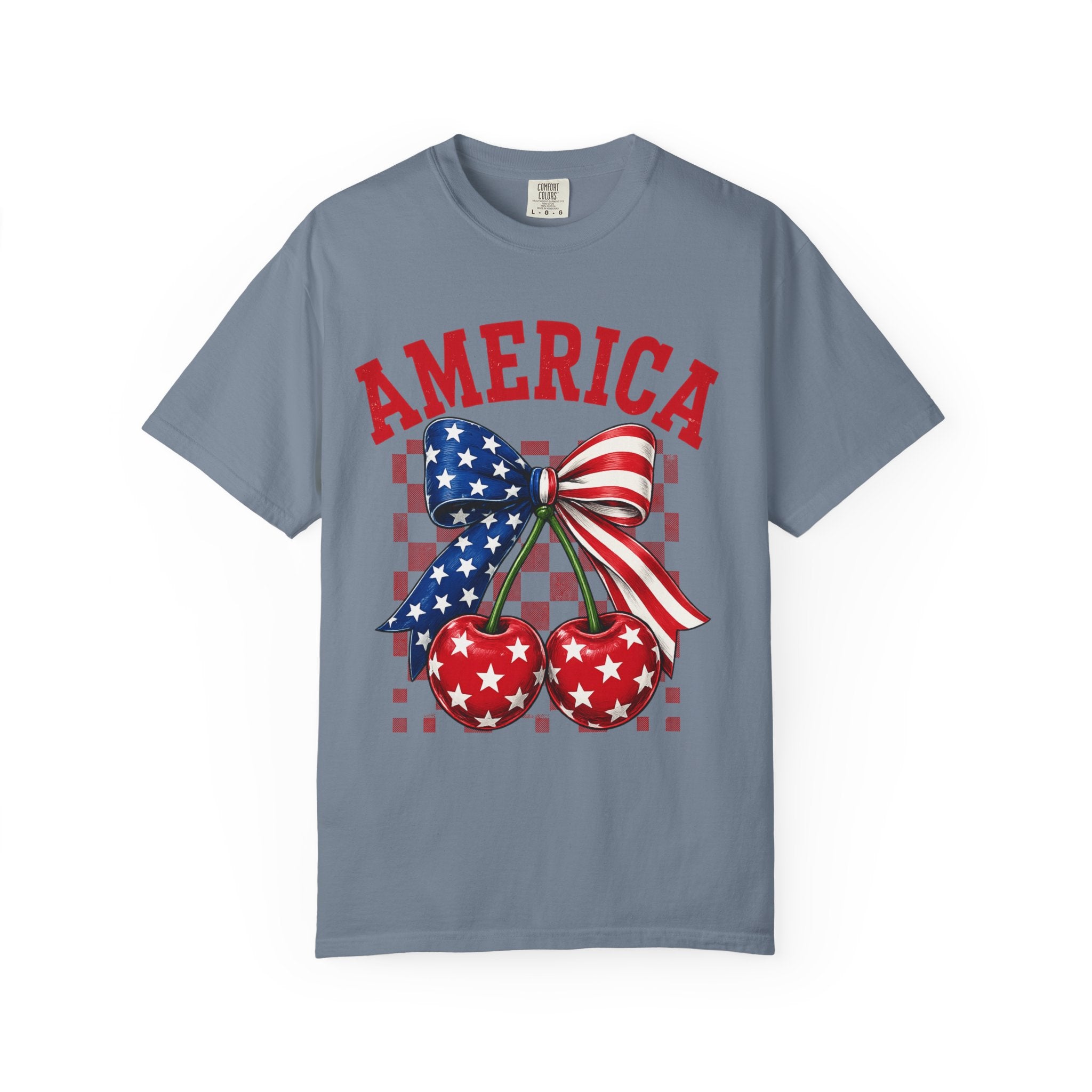America Cherry Graphic T-Shirt — Patriotic Stars & Stripes Bow Tee