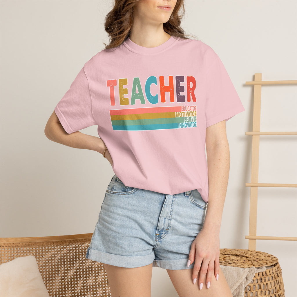 Teacher Rainbow Stripes T-Shirt — Retro Colorful Educator Tee