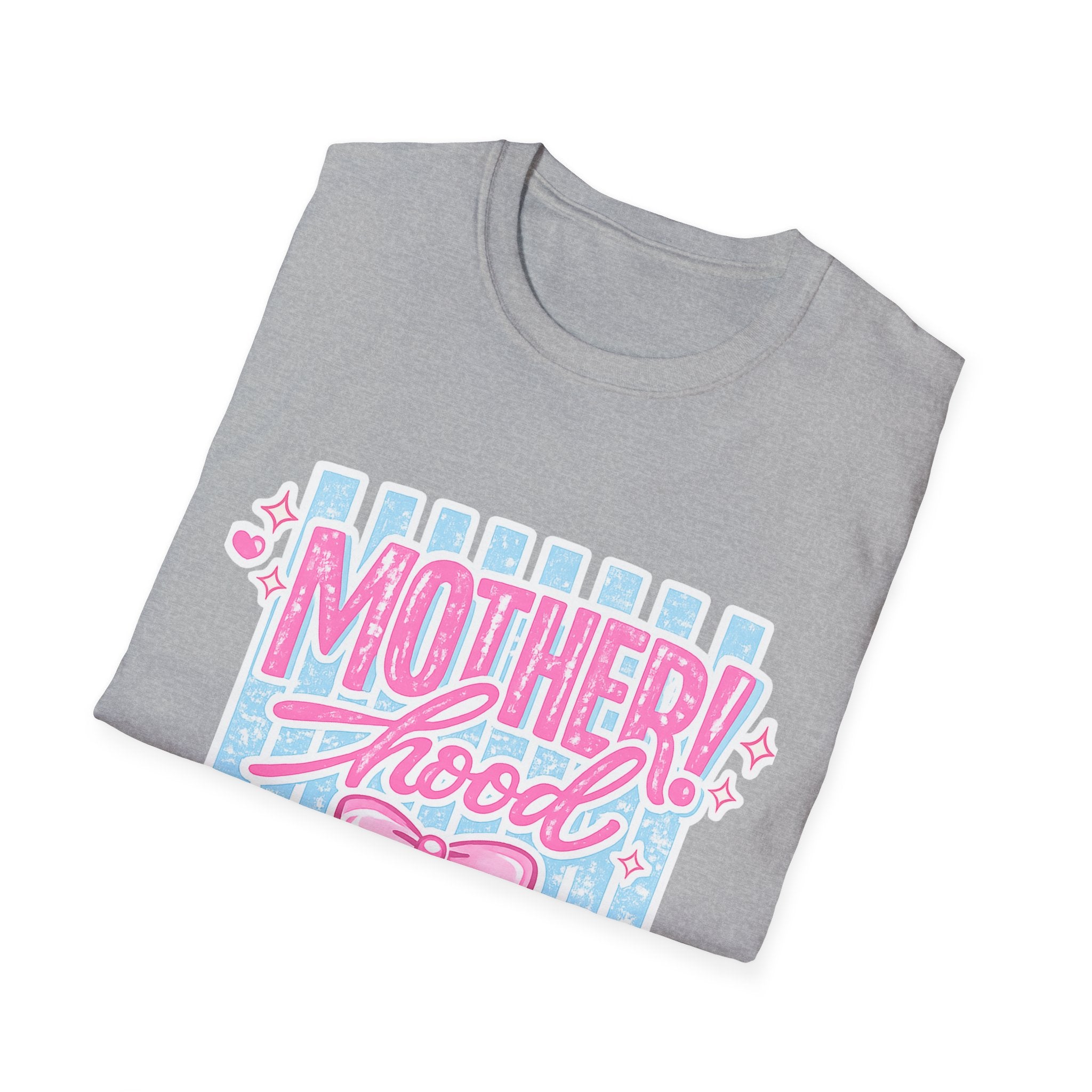 Motherhood Retro Tee — "Mother!hood" Pink & Blue Graphic T-Shirt for New Moms