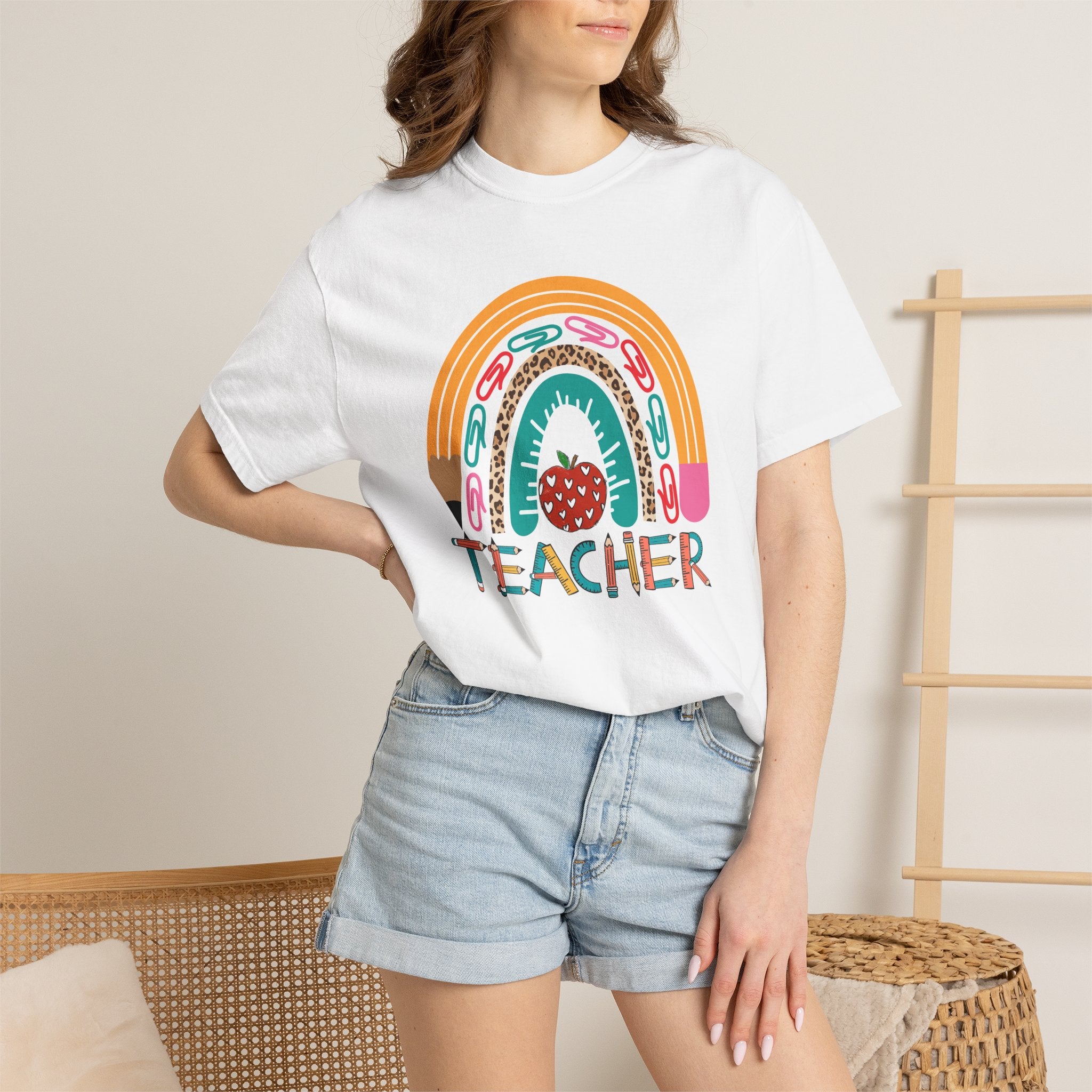 Teacher Rainbow T-Shirt — Cute Apple & Pencil Back-to-School Tee