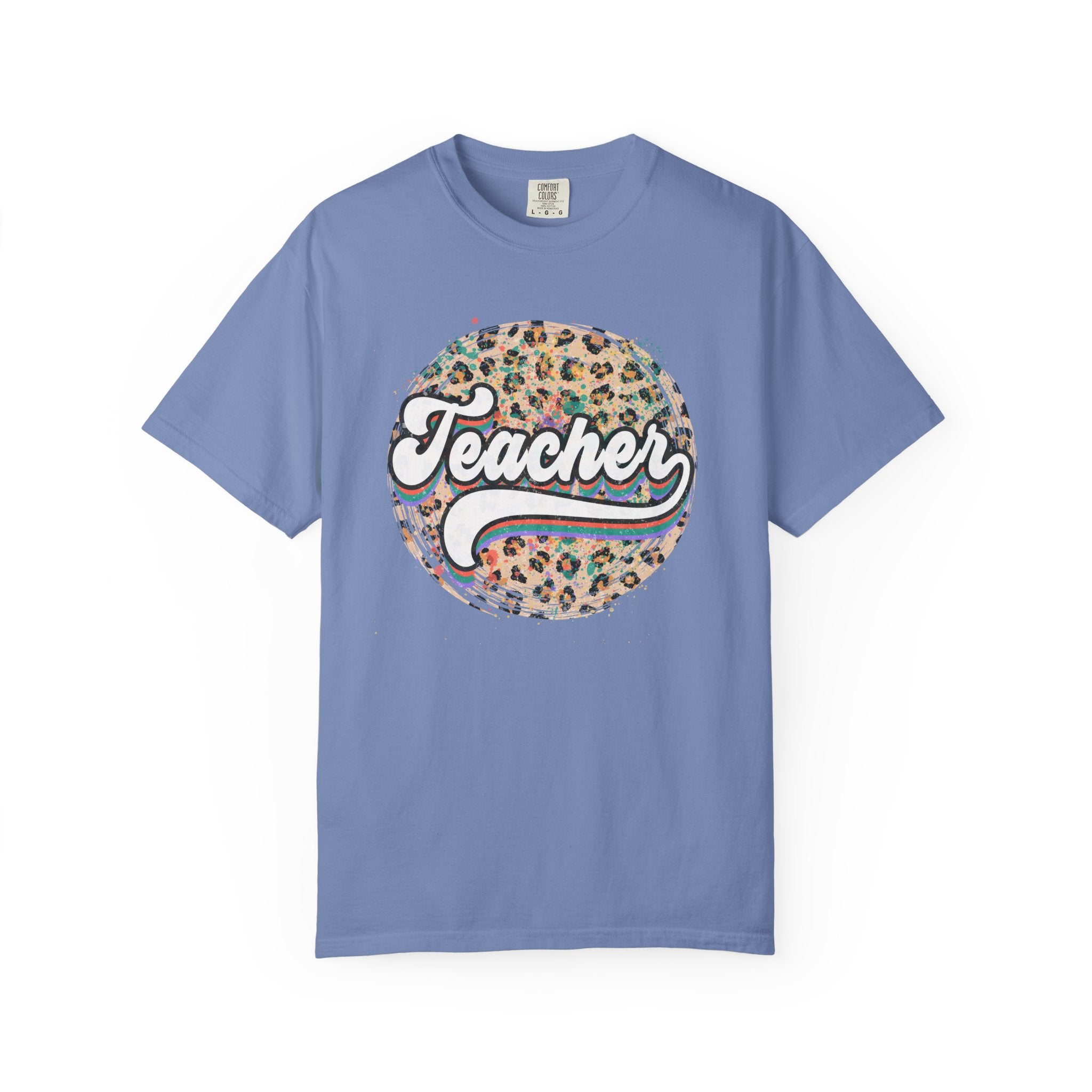 Teacher Leopard Circle T-Shirt — Retro Rainbow Script Tee for Educators