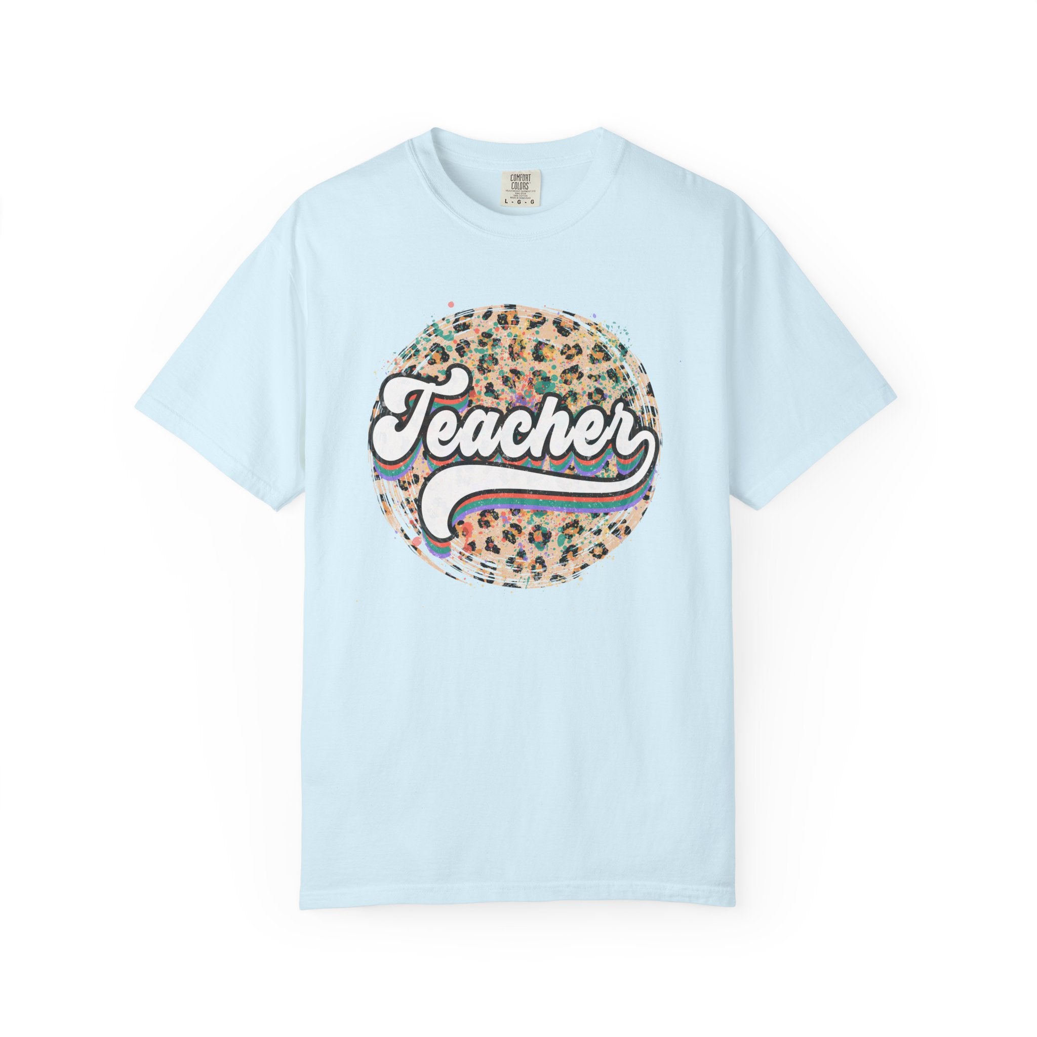 Teacher Leopard Circle T-Shirt — Retro Rainbow Script Tee for Educators
