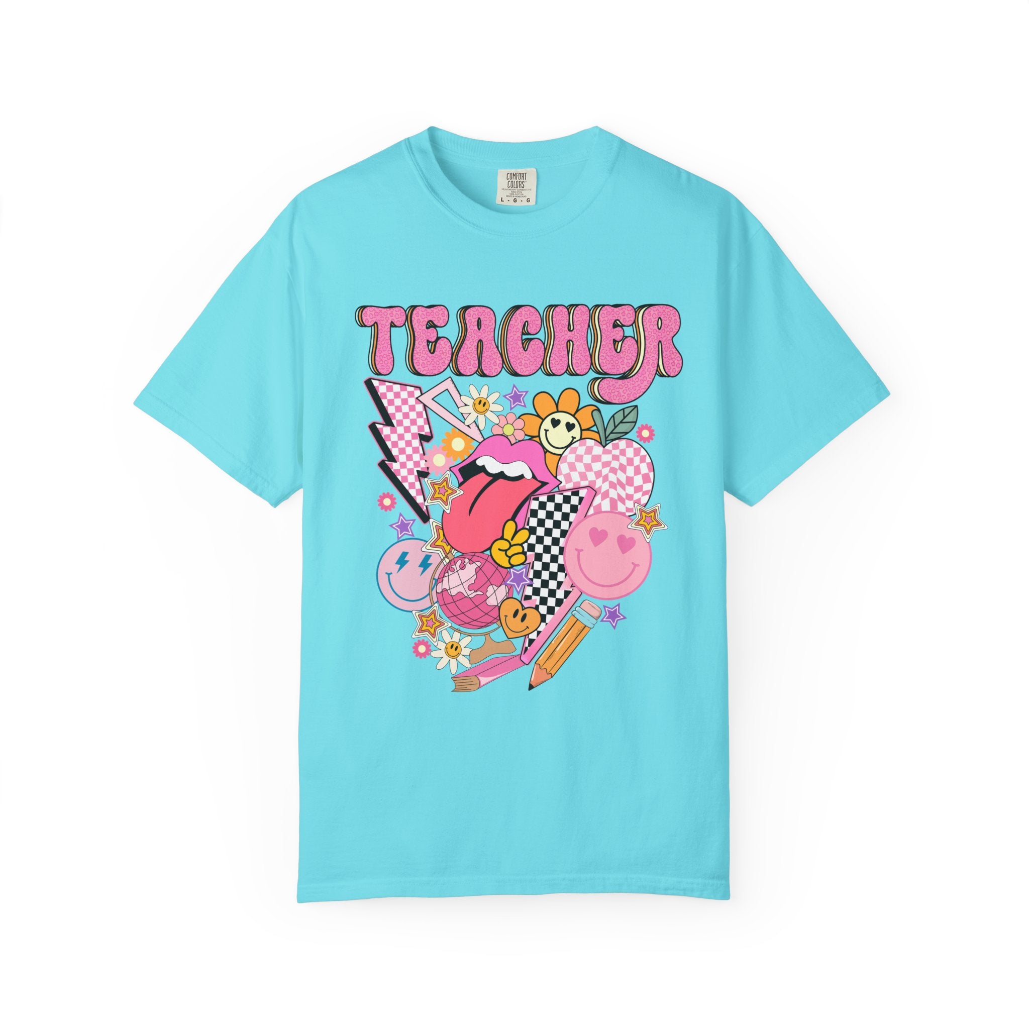 Teacher Retro Pop Graphic T‑Shirt — Cute Pink School Staff Shirt
