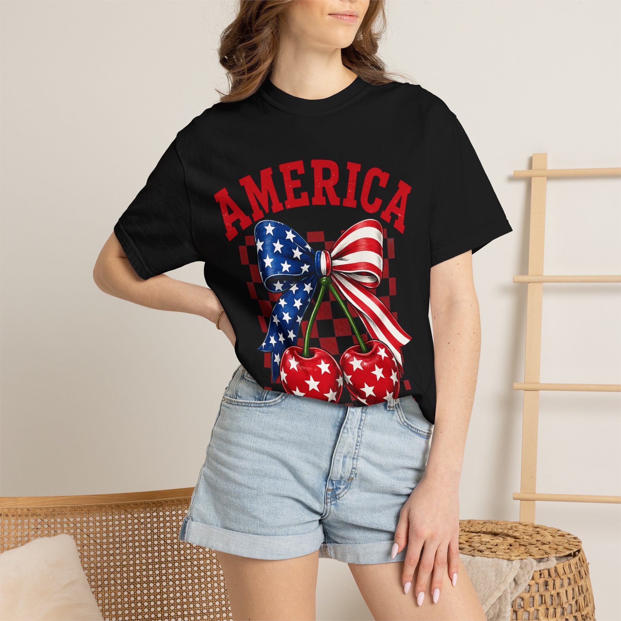 America Cherry Graphic T-Shirt — Patriotic Stars & Stripes Bow Tee
