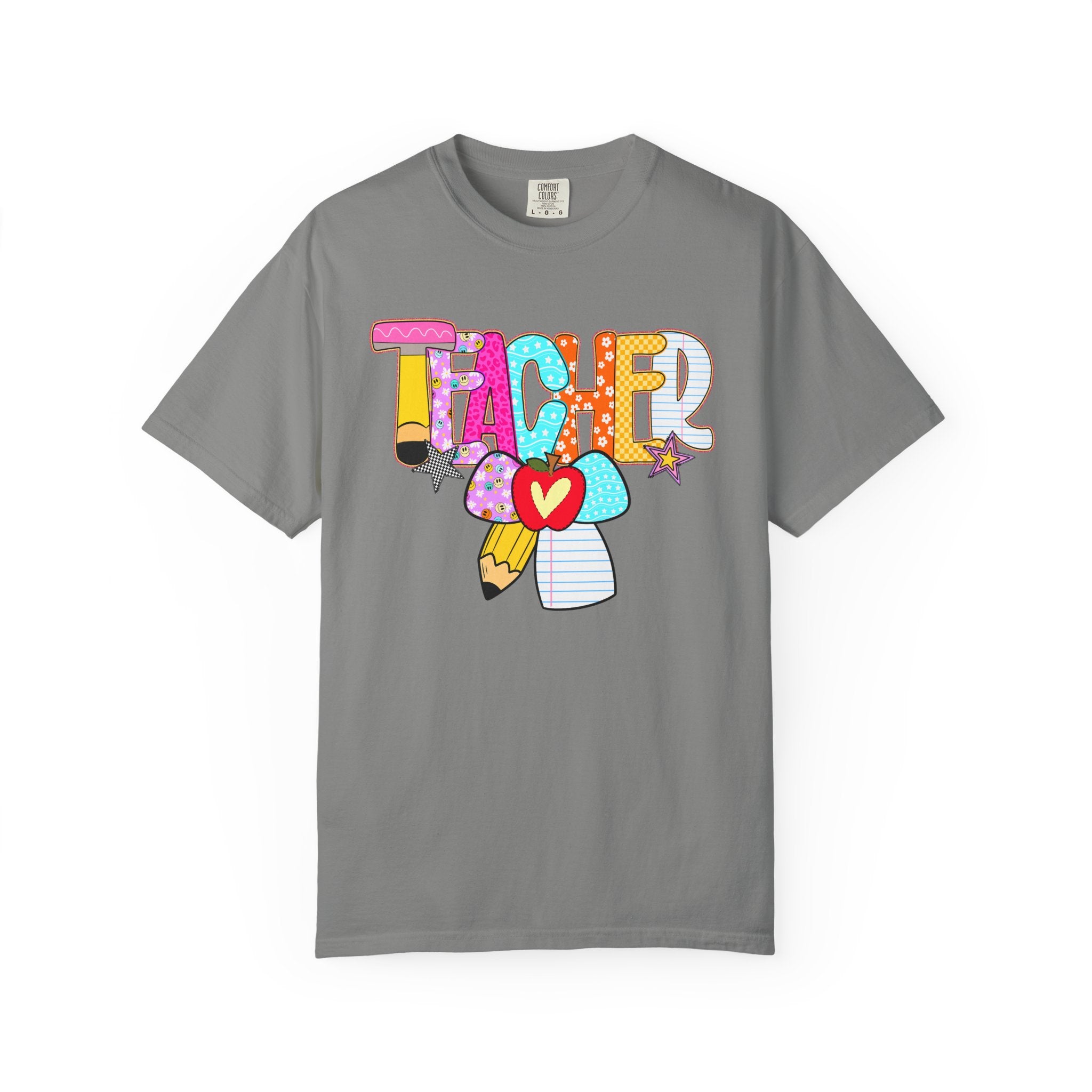 Teacher Doodle Graphic T‑Shirt — Colorful Pencil & Apple School Design