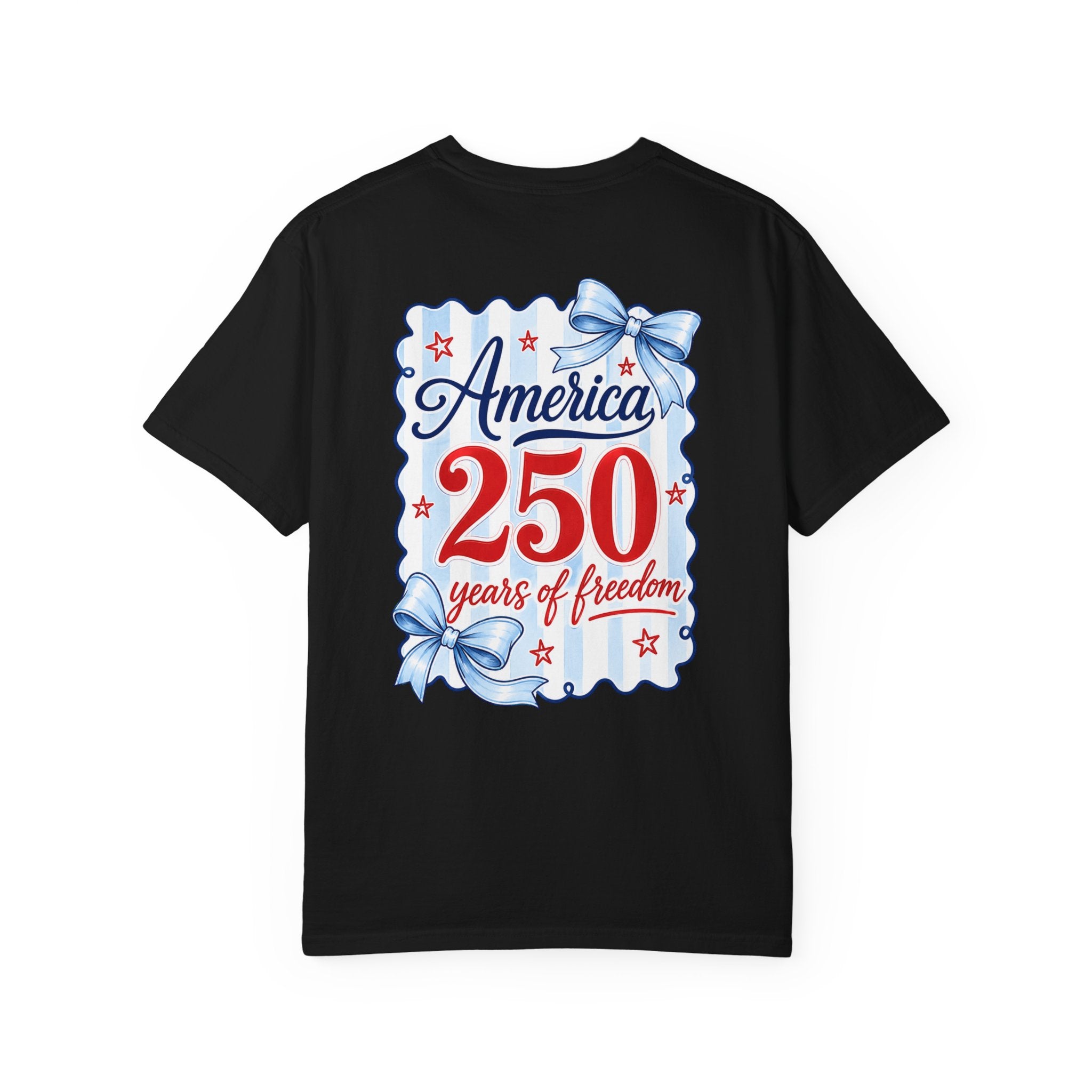 America 250 Years of Freedom T-Shirt — Patriotic 4th of July Tee with Blue Ribbon Design