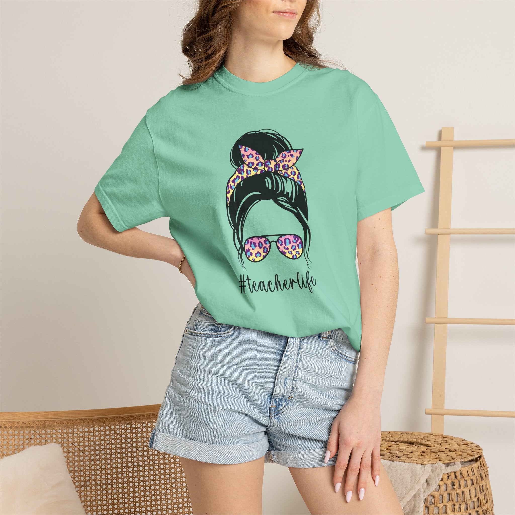 Teacher Life Floral Messy Bun T-Shirt
