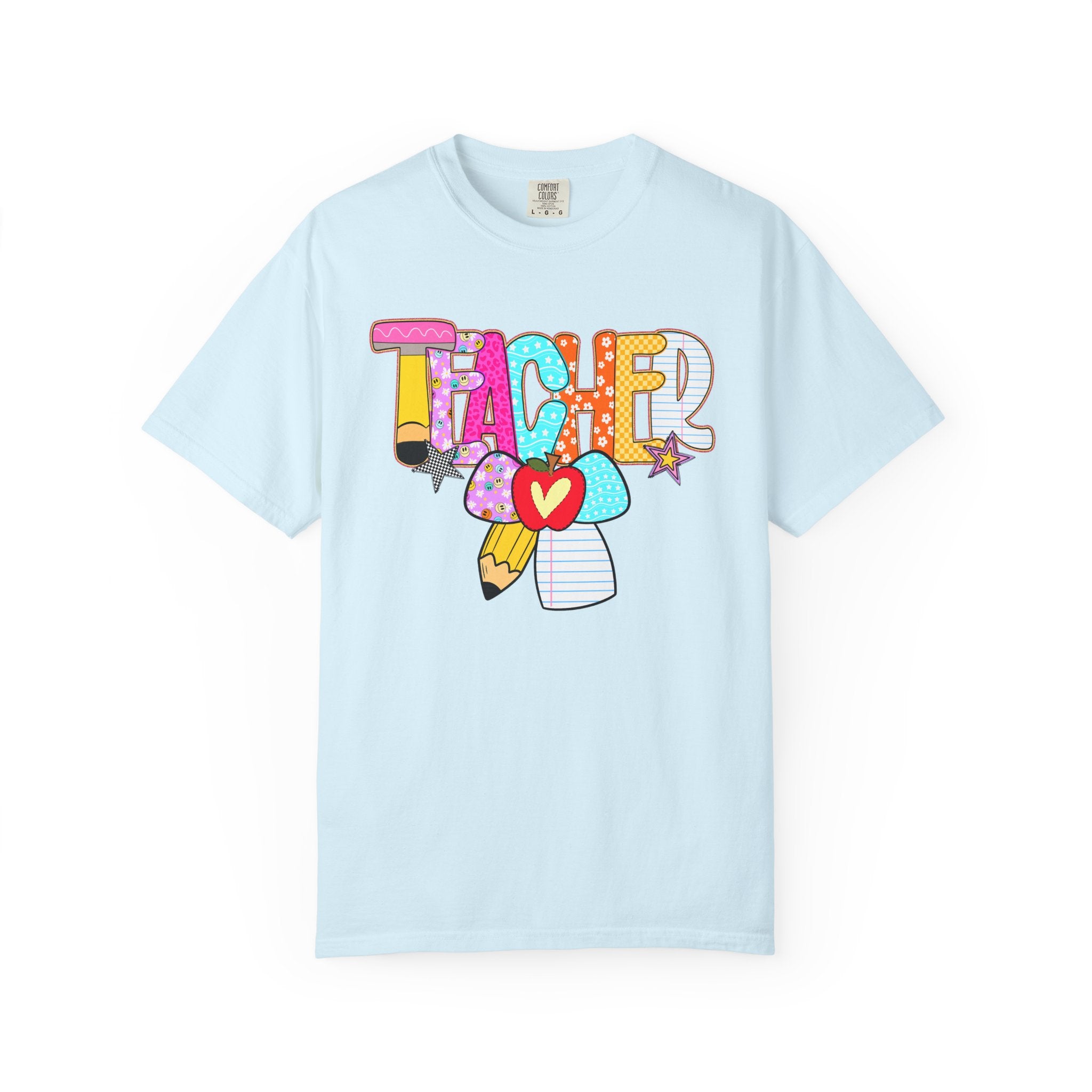 Teacher Doodle Graphic T‑Shirt — Colorful Pencil & Apple School Design